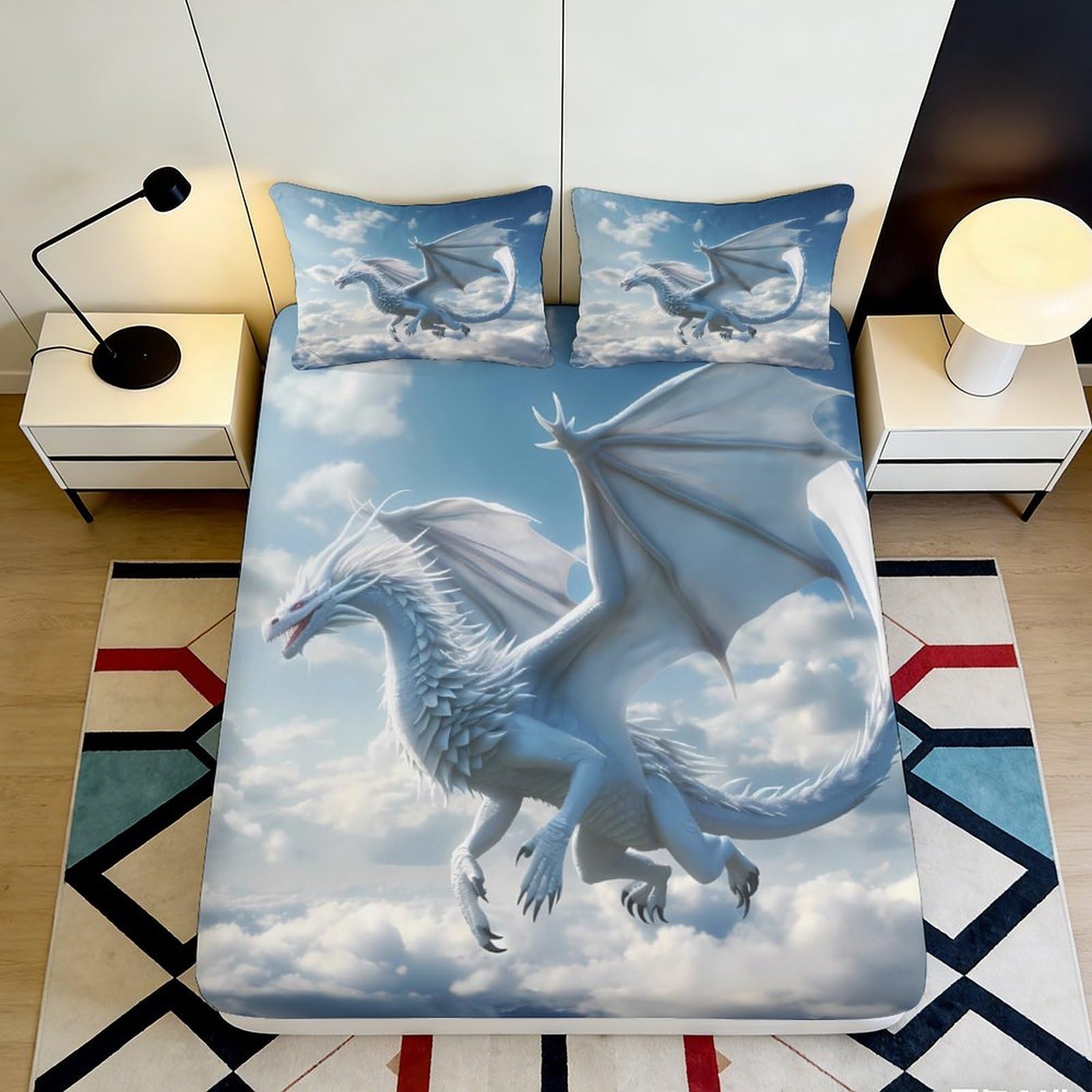 3D Printed Blue Dragon Fitted Sheet Microfiber Soft Fantasy Cloud Mattress Cover for Bedroom Dorm Decor Washable 90x200x25cm