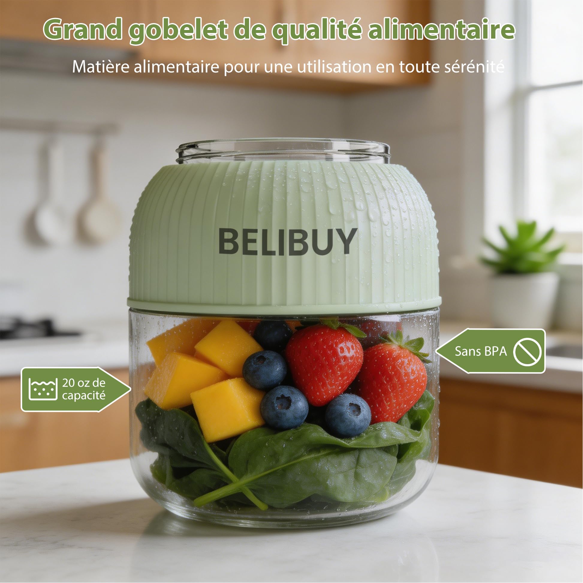 Mélangeur Personnel Portable, Compact Sans Fil, Sans BPA, 600ml (20 oz), Rechargeable USB-C – Pour Jus, Milkshakes, Smoothies – Idéal pour Voyages, Salle de Sport, Bureau