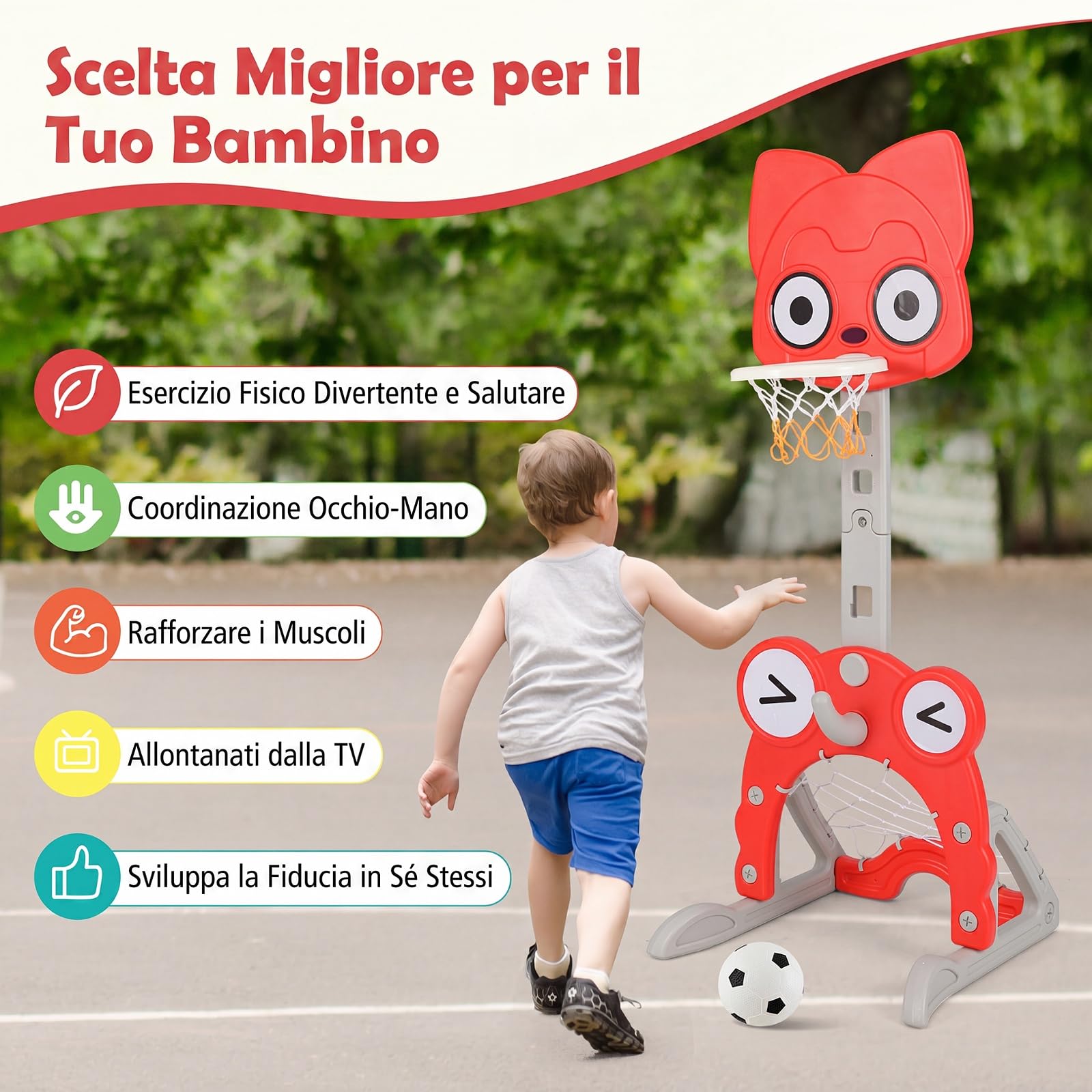 COSTWAY Canestro da Basket 4 in 1 per Bambini 3+ Anni, Altezza 118-148 cm | Centro di Attività Forma Volpe in HDPE con Golf, Calcio e Anelli da Lancio, Base Riempibile, per Cameretta e Asilo Nido