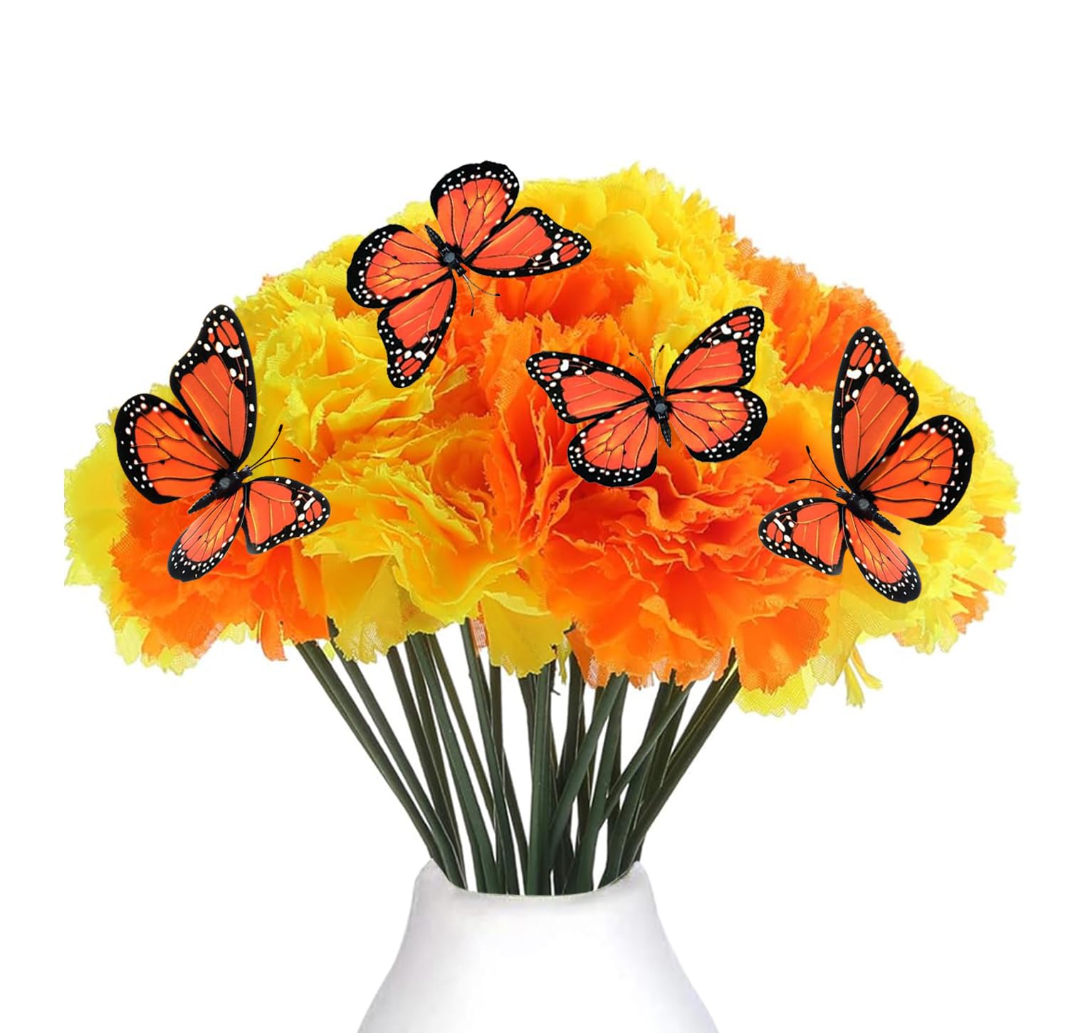 Athem Orange Artificial Marigold Flowers Set With 20 Stems & 10 Butterflies - & Yellow For Diwali, Halloween & Mexican Party Decor
