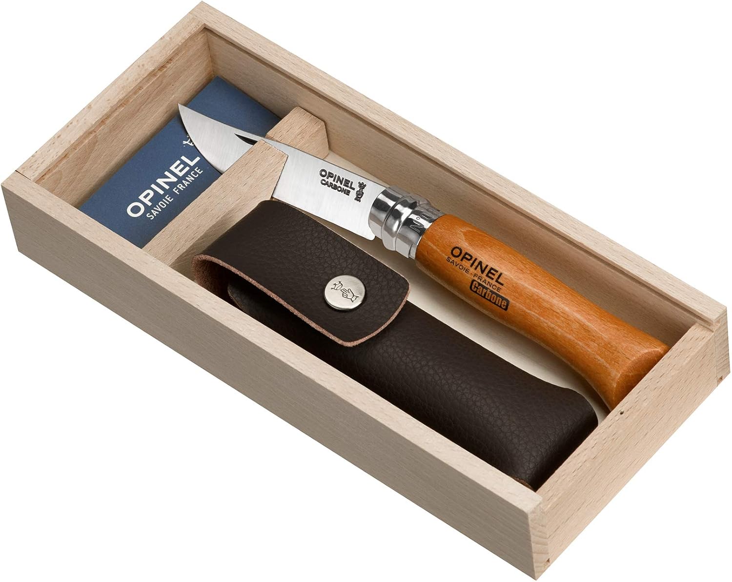 Opinel Carbon No. 8 Folding Pocket Knife with Sheath, Wooden Slide Gift Box