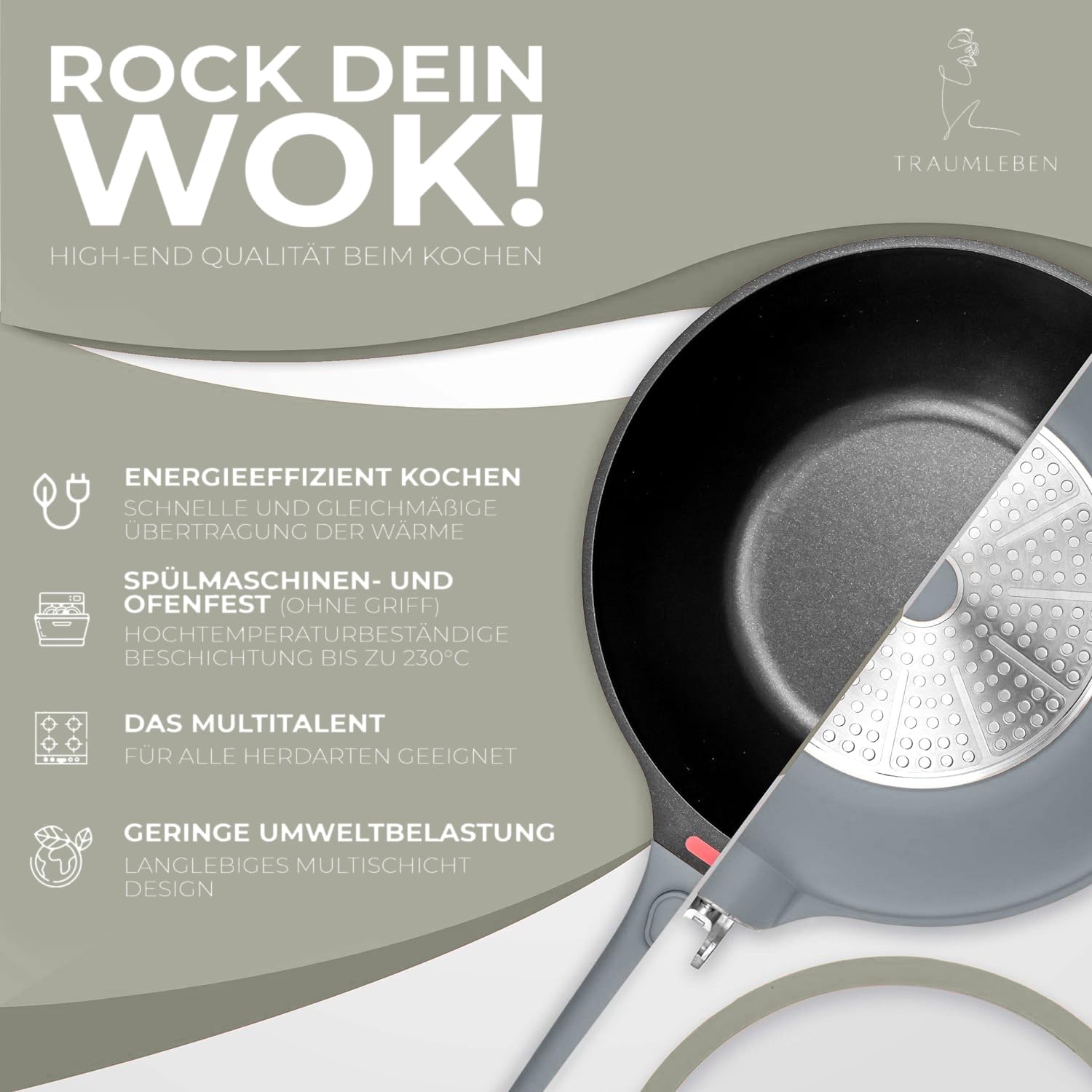 TRAUMLEBEN Wokpfanne 28 cm mit Deckel & abnehmbarem Griff (Grau) | Antihaftbeschichtung, PFOA-frei, für Induktion geeignet, backofenfest, hoher Rand