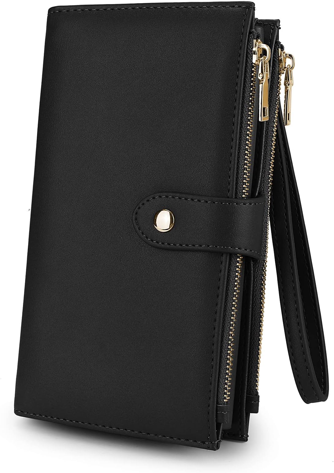 UTO Double Zip Wristlet Wallet for Women Soft Leather Vegan Large Capacity Clutch Card Holder Organizer Ladies Purse Strap
