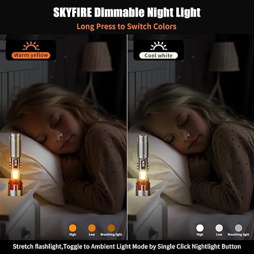 Miniatura 6 de SKYFIRE Linterna LED recargable de alto lúmenes con lámpara ambiental, 8000 linternas tácticas súper brillantes, 2 colores, enfocable, luz de flash