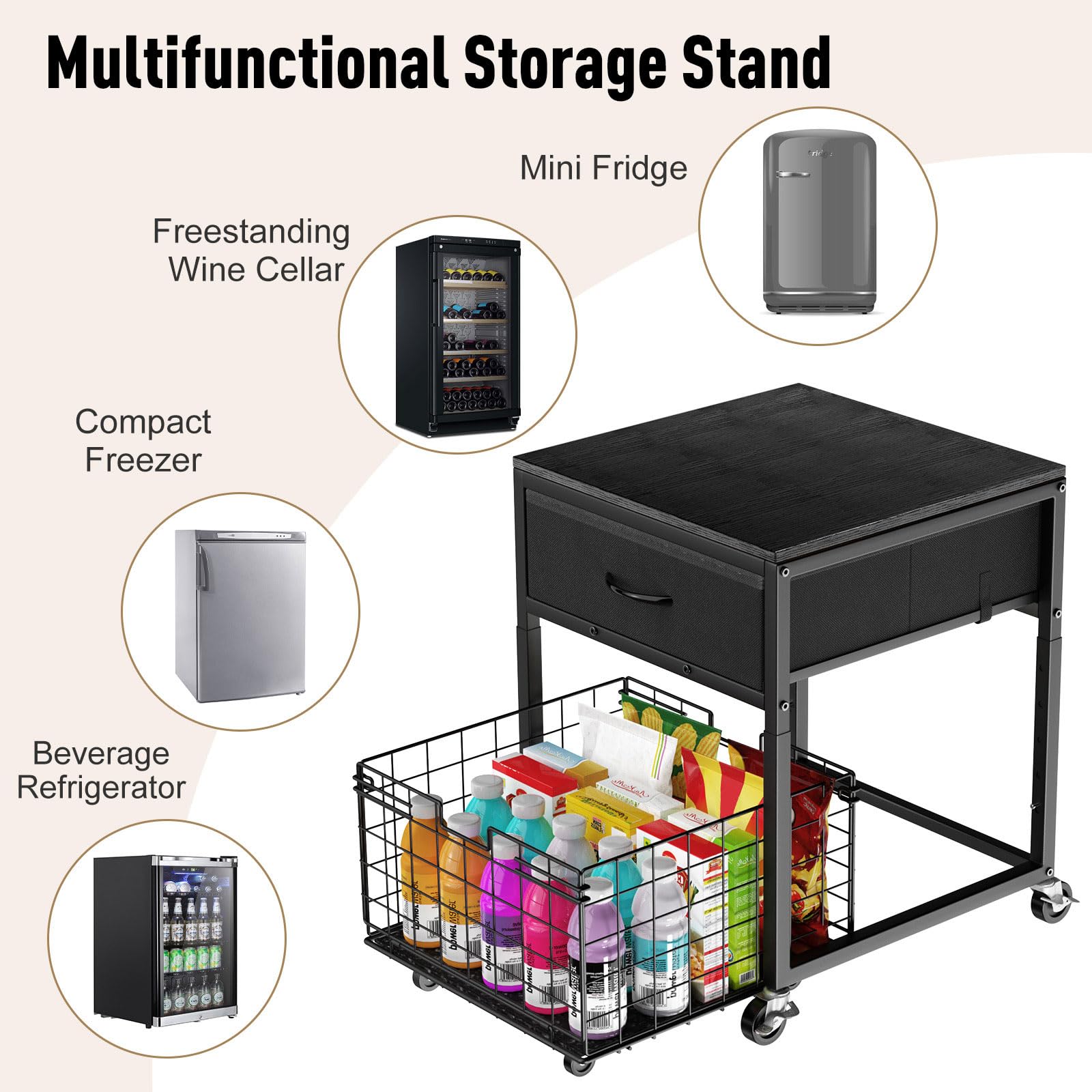 Housolution Soporte para Mini Nevera con Almacenamiento, Estante para Mini Nevera Regulable en Altura con Ruedas, Organizador Portátil para Nevera con Cajón para Hogar, Oficina, Negro