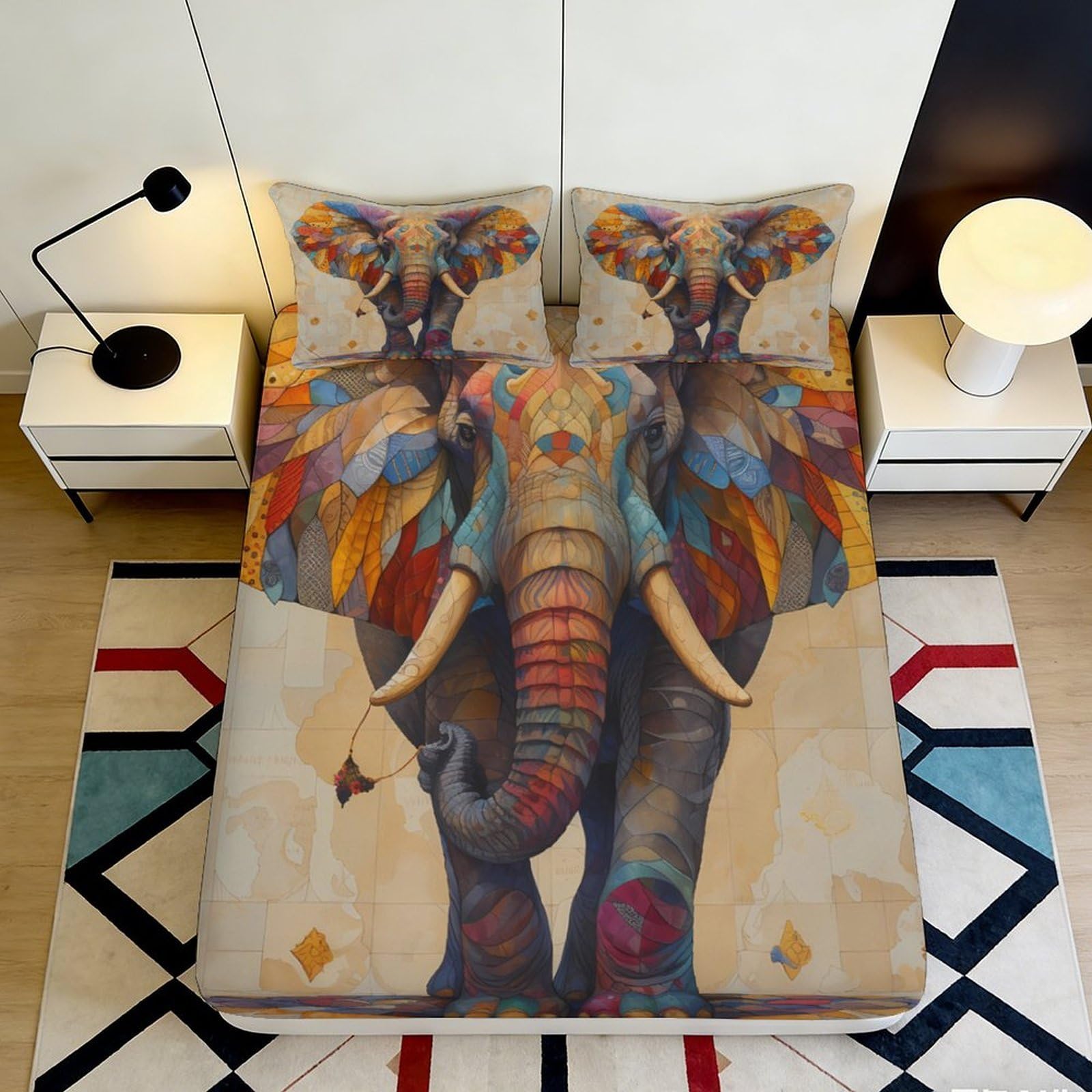 3D Printed vibrant elephant Fitted Sheet, Microfiber soft touch, apartment bedding, anti-slip, bedroom decor, easy care, dustproof 90x200x25cm
