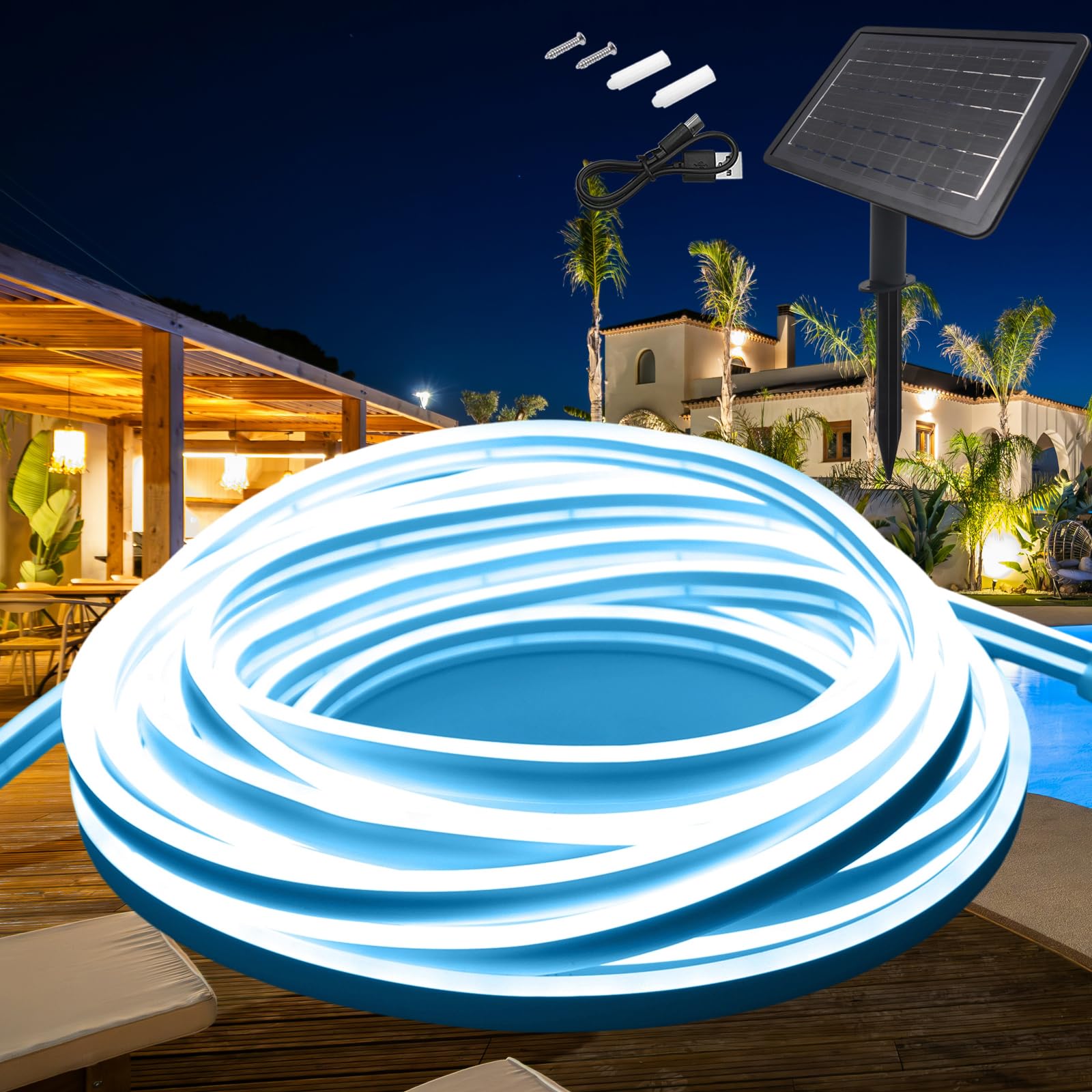 KISUFU 24V Solar Neon Light Strip, 120 LEDs/m IP68 Waterproof Outdoor Garden Solar Powered Fairy Lights with 7200mAh Solar Cell Box Controller for Patio Yard Party.