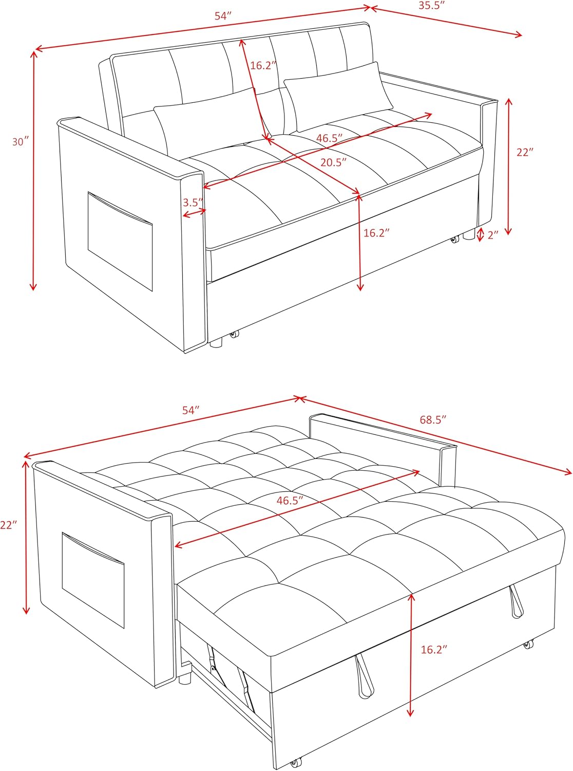3 in 1 Convertible Sleeper Sofa Bed, Pull Out Couch Bed with 2 Pillows, Loveseat Sleeper Sofa Futon Couch Bed with Side Pocket, Futon Sofa Bed for Small Spaces, Living Room, Black
