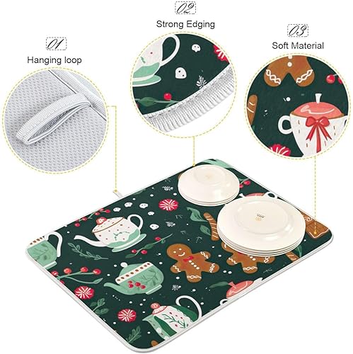Miniatura 4 de Tapete de secado de platos verde de hombre de jengibre navideño para encimera de cocina, tapete reversible de 18 x 24 pulgadas, tapete de drenaje de