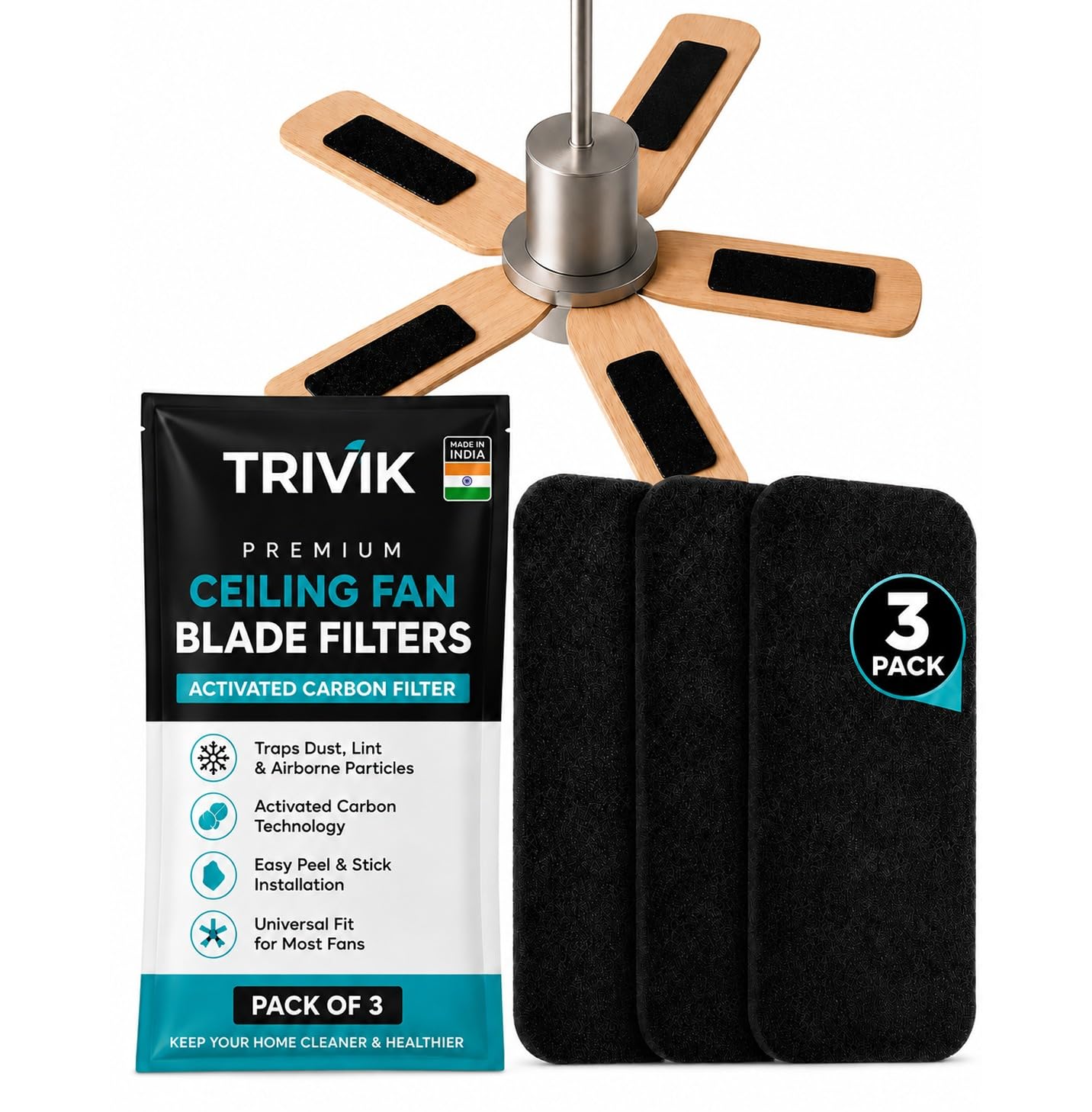 Premium Ceiling Fan Filters for Blades - 3 PCS Activated Carbon Air Purifier Pads Unscented Washable Reusable Easy-Stick Coconut Shell Odorless Charcoal Dust Catcher Covers for Home Lighting Extractor-image-46