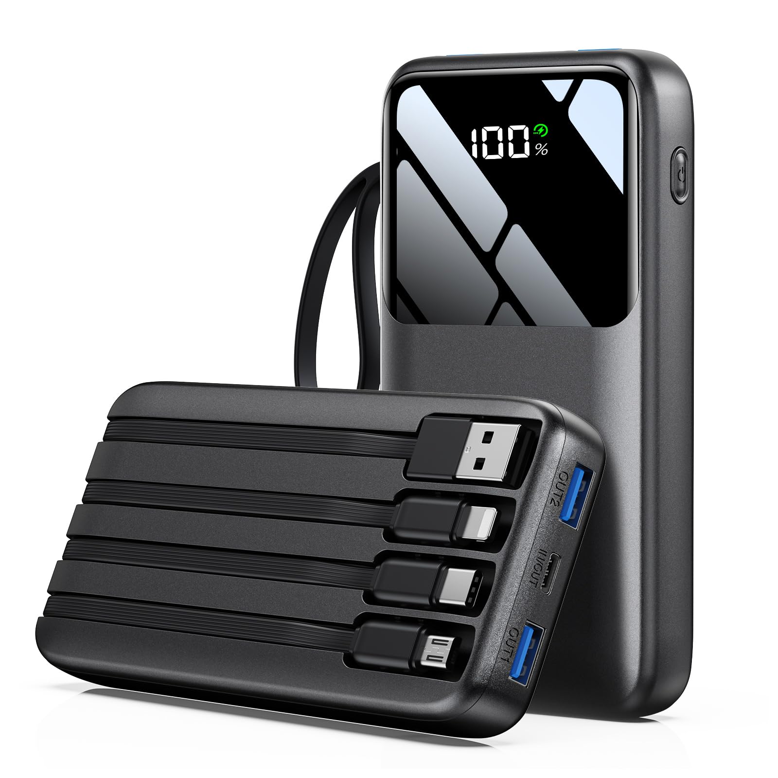 Power Bank 15000mAh Portable Charger with Built in Cable 22 5W Fast Charging 6 Outputs Slim Travel Essential