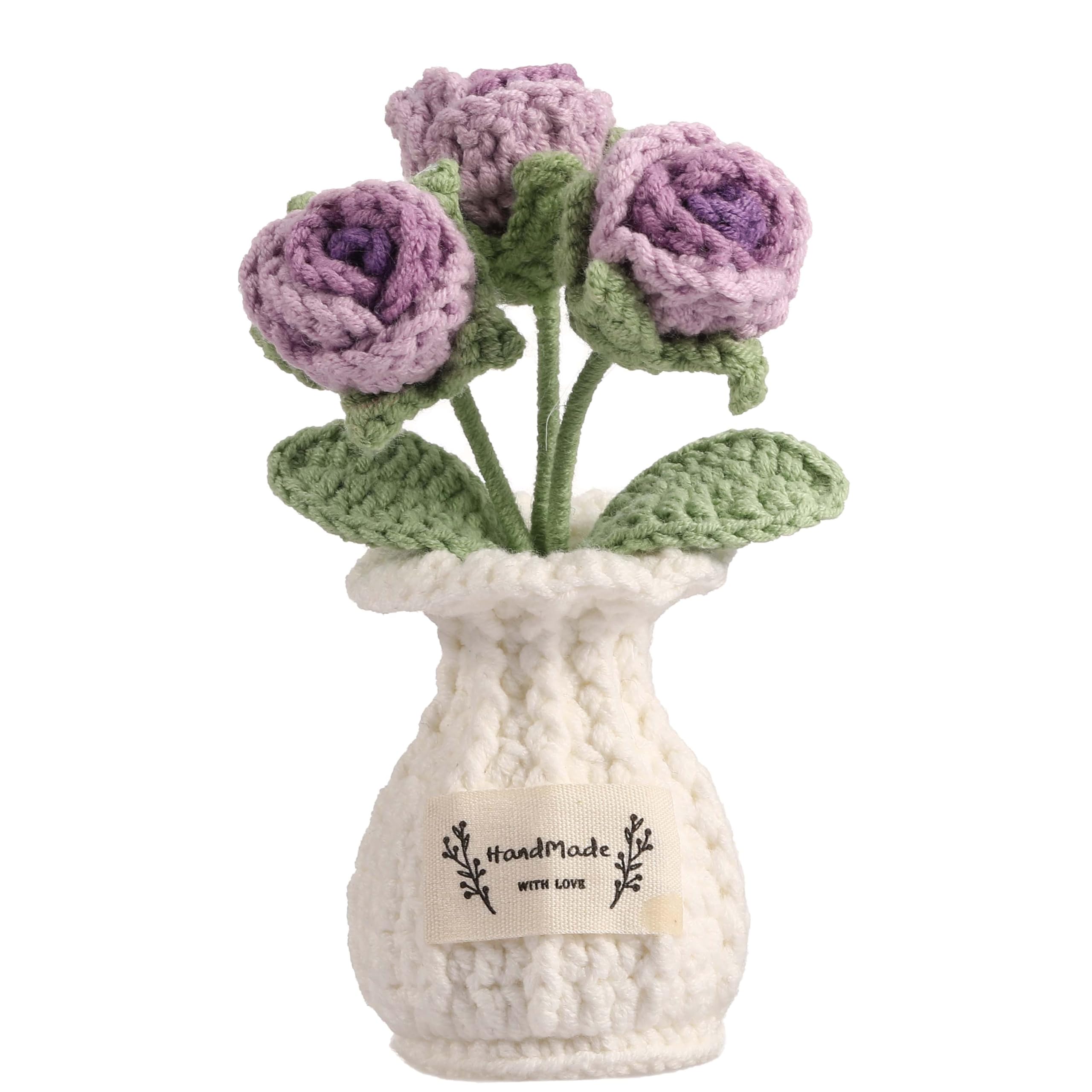 Crochet Rose Flower Potted Plant – Purple, Valentines Day Gift for Her, Handmade Knitted Romantic Desk Decor
