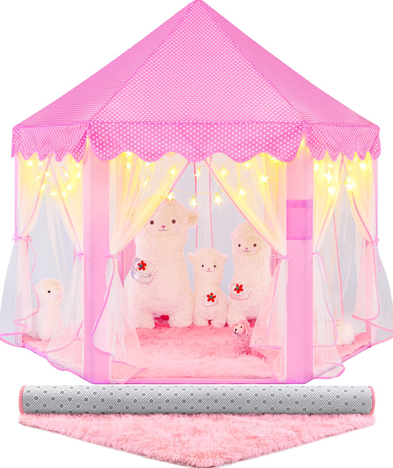 CUBNBUD Princess Tent with Lights and Rug, Playhouse for Girls Age 4-7, Kids Play Tent for Girls Indoor, Castle Playhouse for Toddlers, Pink Princess