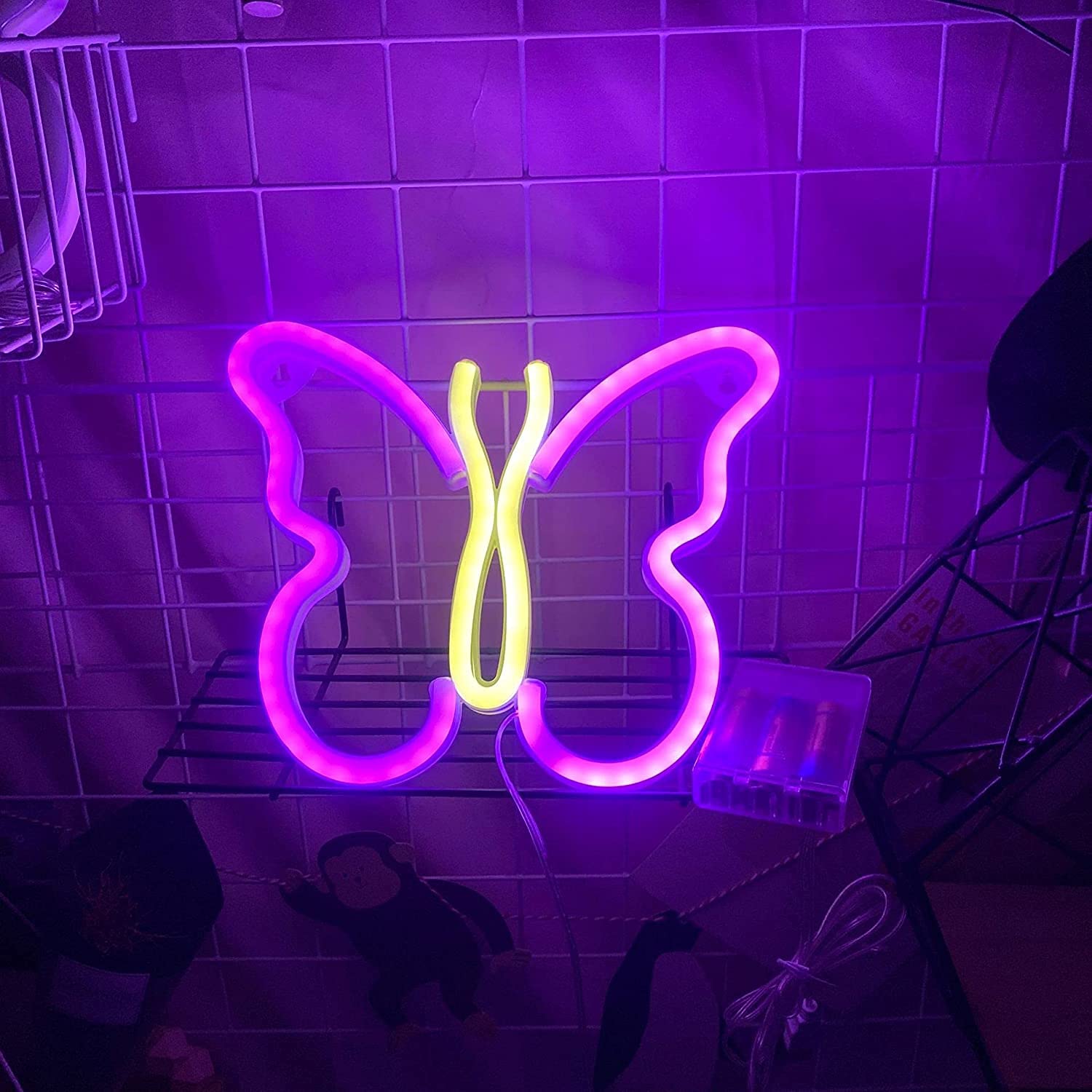 Luz nocturna para niños, enchufe de mariposa de fibra óptica LED que cambia de color, lámpara de decoración de luz nocturna, juguete de regalo (rosa + amarillo)