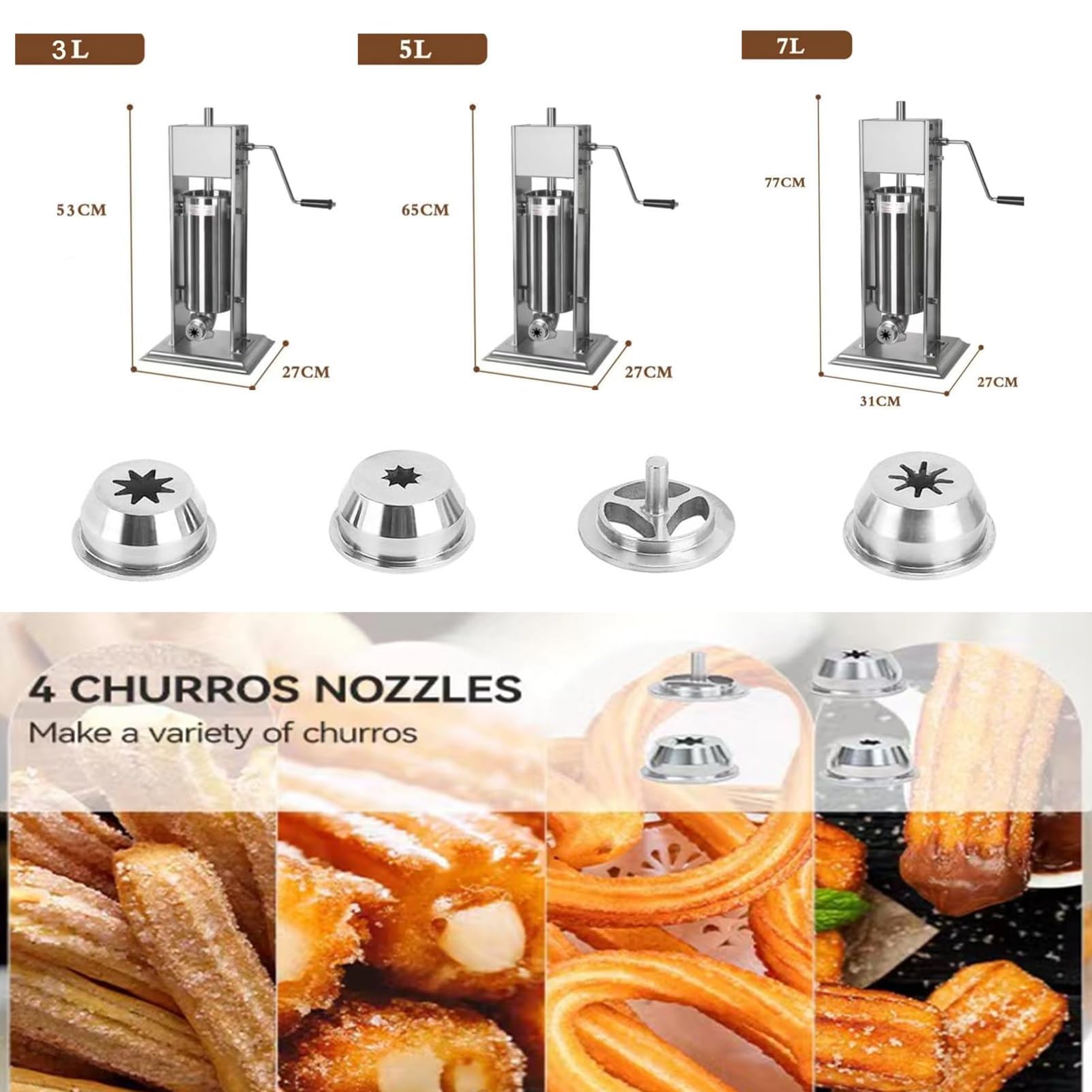 Spanischer Churro-Macher, manuelle Wurstfüllmaschine, vertikaler Edelstahl, inklusive 6 Formen und 5 Klistierformen, ideal für Cafeterien, Bäckereien und den Heimgebrauch