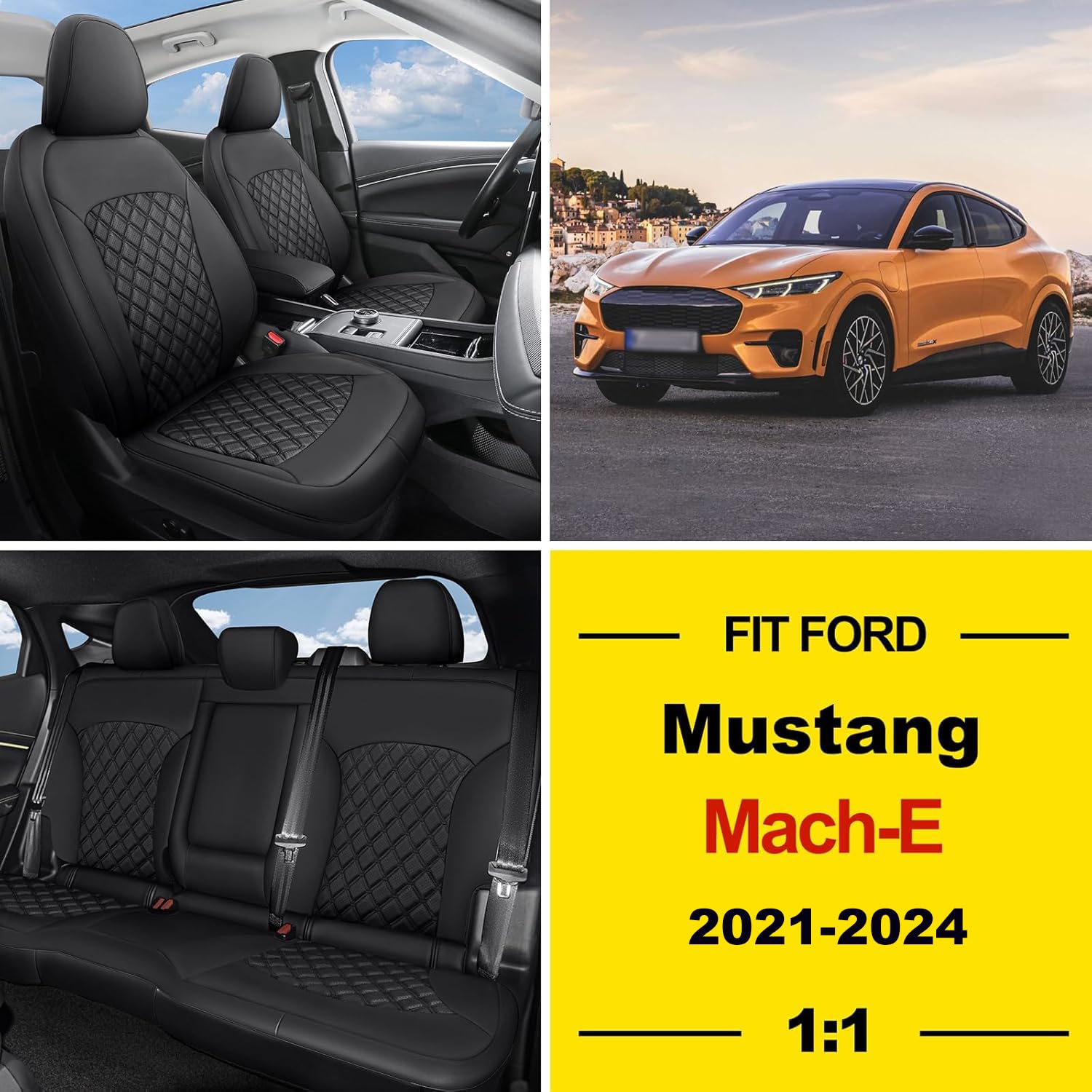 GIANT PANDA Customized Full Set Car Seat Covers for Ford Mustang Mach E 2021 2022 2023 2024, Faux Leather - (Black)
