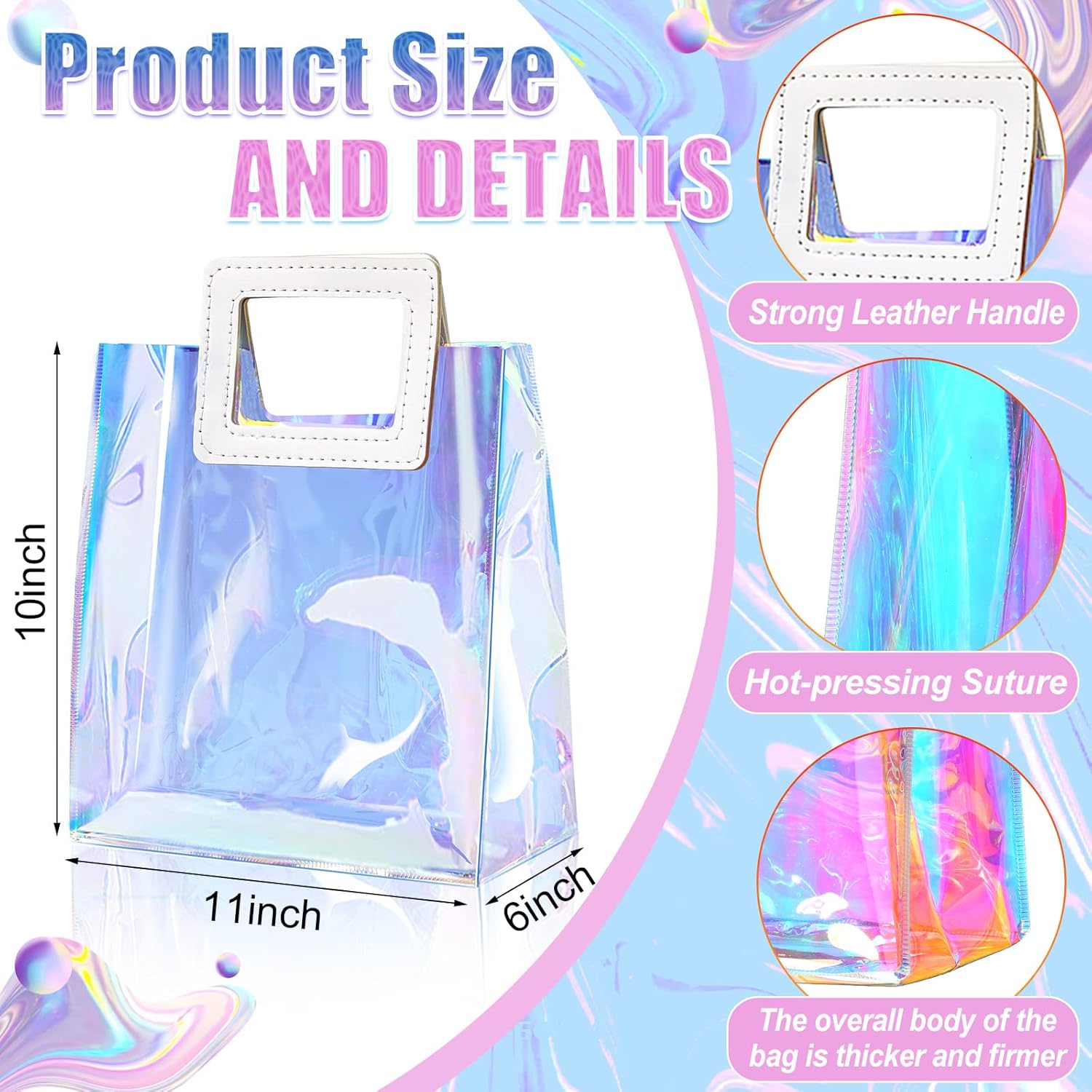 CHENGU 10 Pcs Holographic Gift Bags Iridescent Tote Bag 11x10x6 Inch Large Reusable Clear Birthday Handbag Handle PVC Wrap Shopping Bag Summer Waterproof Transparent Gift for Women Wedding Party - Image 2