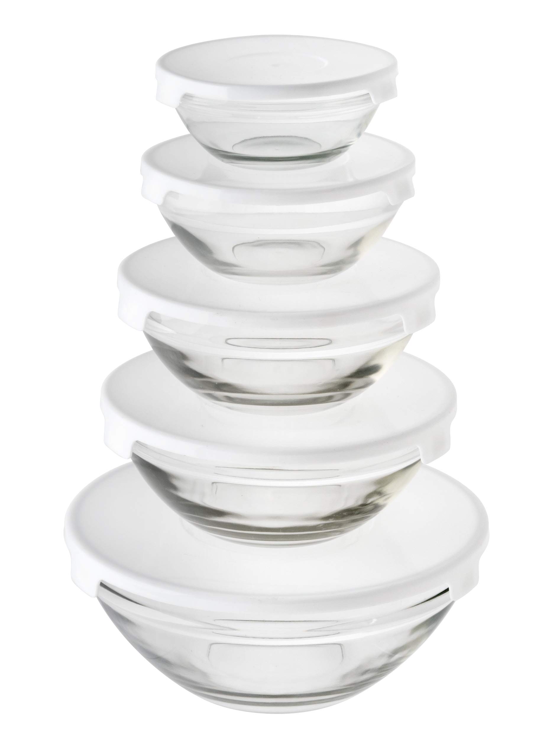 HOMESHOPA Round Clear Glass Serving Bowls Food Storage Containers - with Coloured Lids - Designed for Storing, Mixing, Meal Prep, Leftovers & Baking (White Lids)