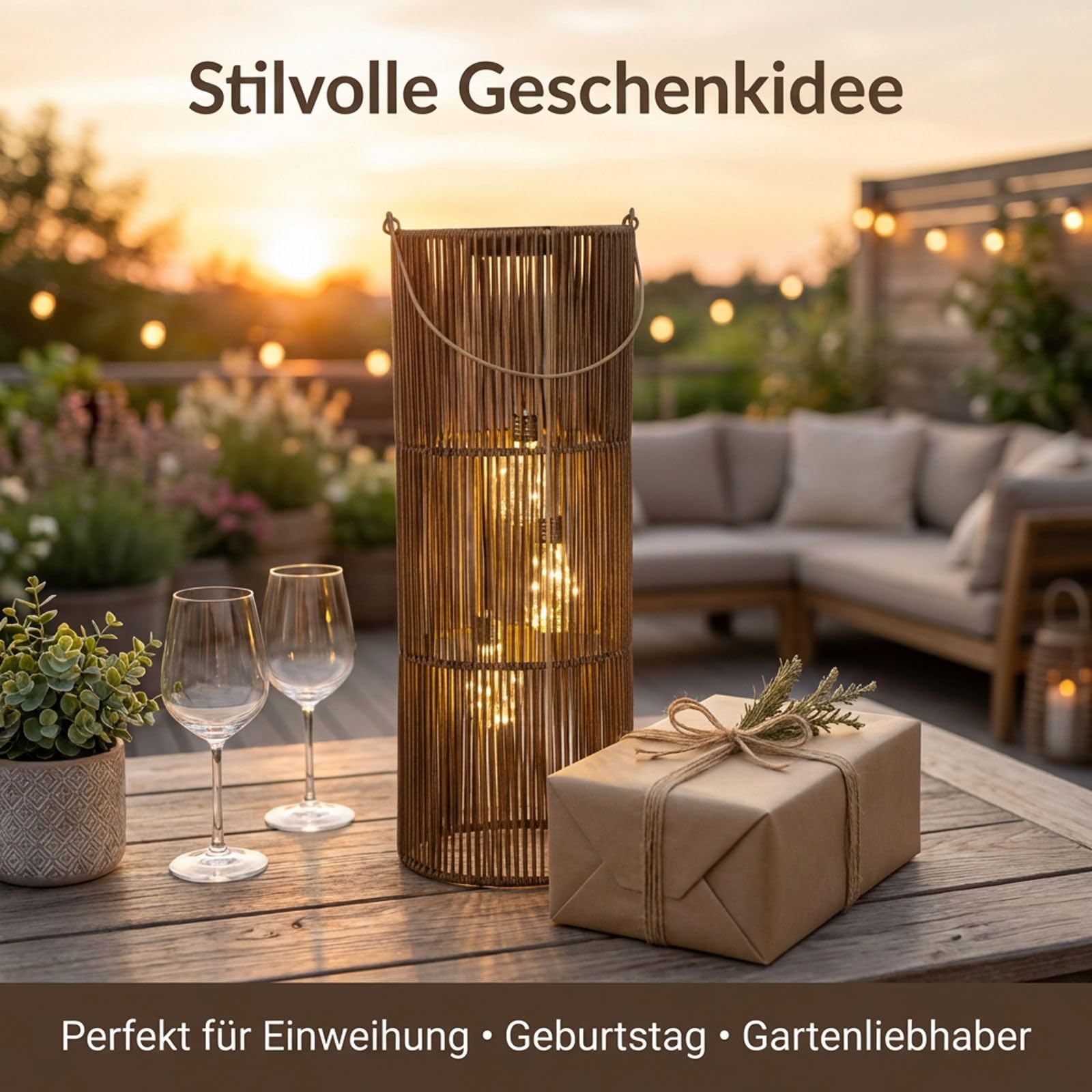 formano Lanterne solaire d'extérieur en rotin - 3 ampoules LED - 55 cm - Lampe solaire avec capteur crépusculaire - IP44 - Lampe solaire décorative pour balcon, terrasse, éclairage extérieur