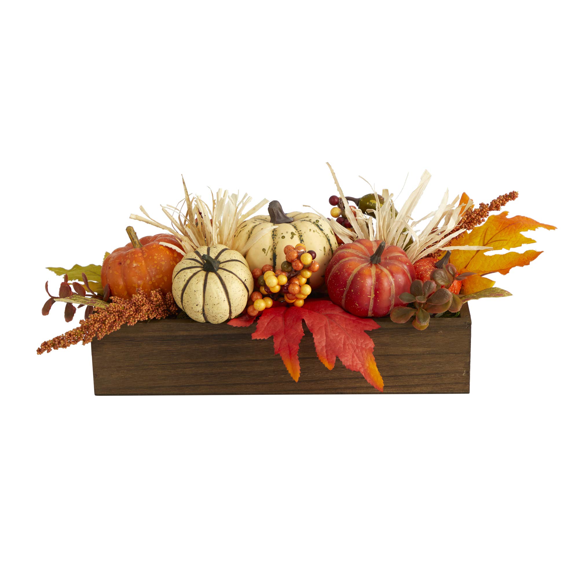 Nearly Natural Mini 16in. Harvest Pumpkin and Berries Artificial Arrangement in Wood Vase, Orange