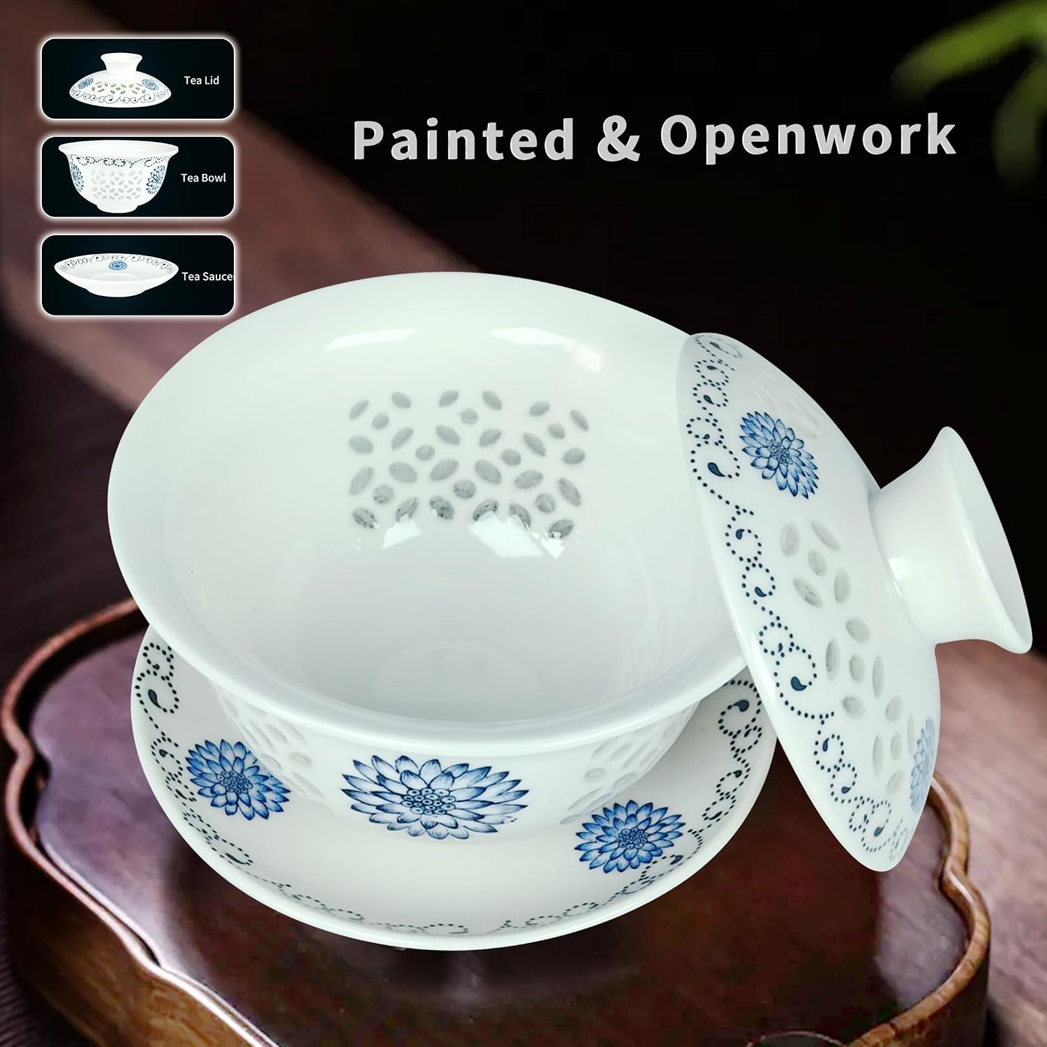 Gaiwan Tea Cup, Chinese Gung Fu Tea Set, Suitable for brewing oolong, black and green tea AC-G-W-S3 (Gai Wan Tea Set)