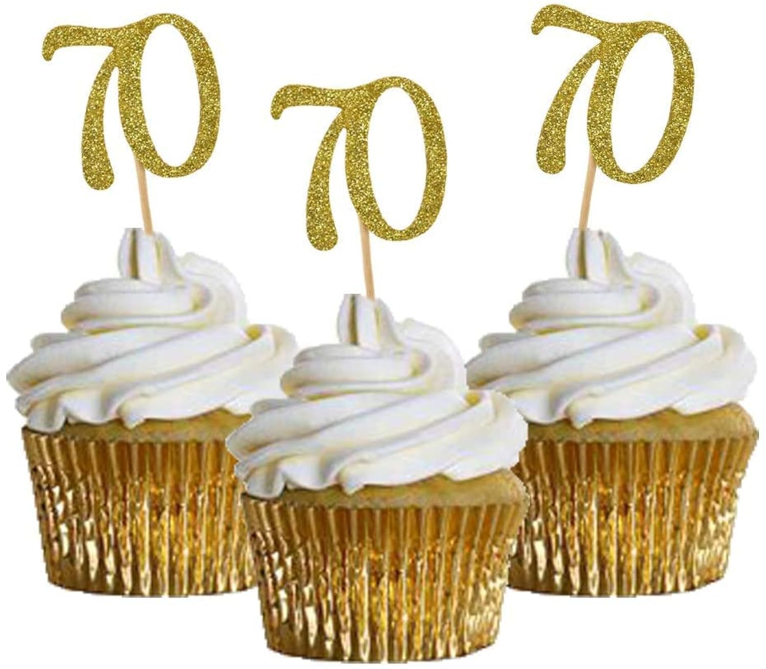 HOKPA Cupcake Toppers 70th Birthday, Golden Glitter Number 70, Cake Picks for Birthday Celebrating, Anniversary Party Decor (24PCS)