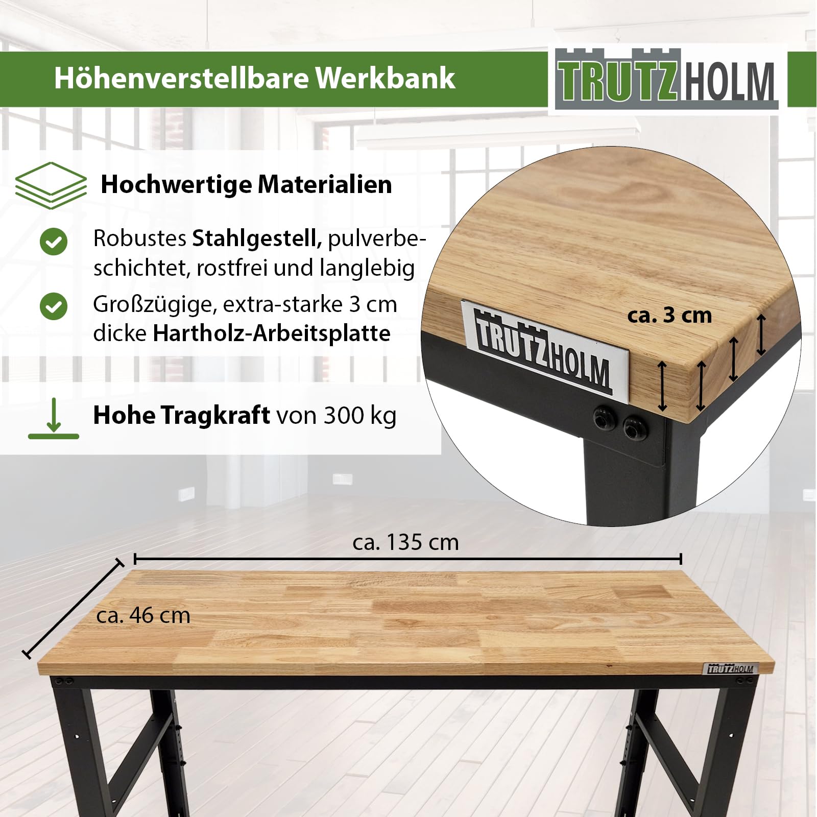TRUTZHOLM Professionelle Werkbank bis 500 kg belastbar Werktisch Arbeitstisch Massive Arbeitsplatte Stecksystem Montagebank höhenverstellbar Werkstatttisch (135x46x88/97 cm | 300 kg Tragkraft)