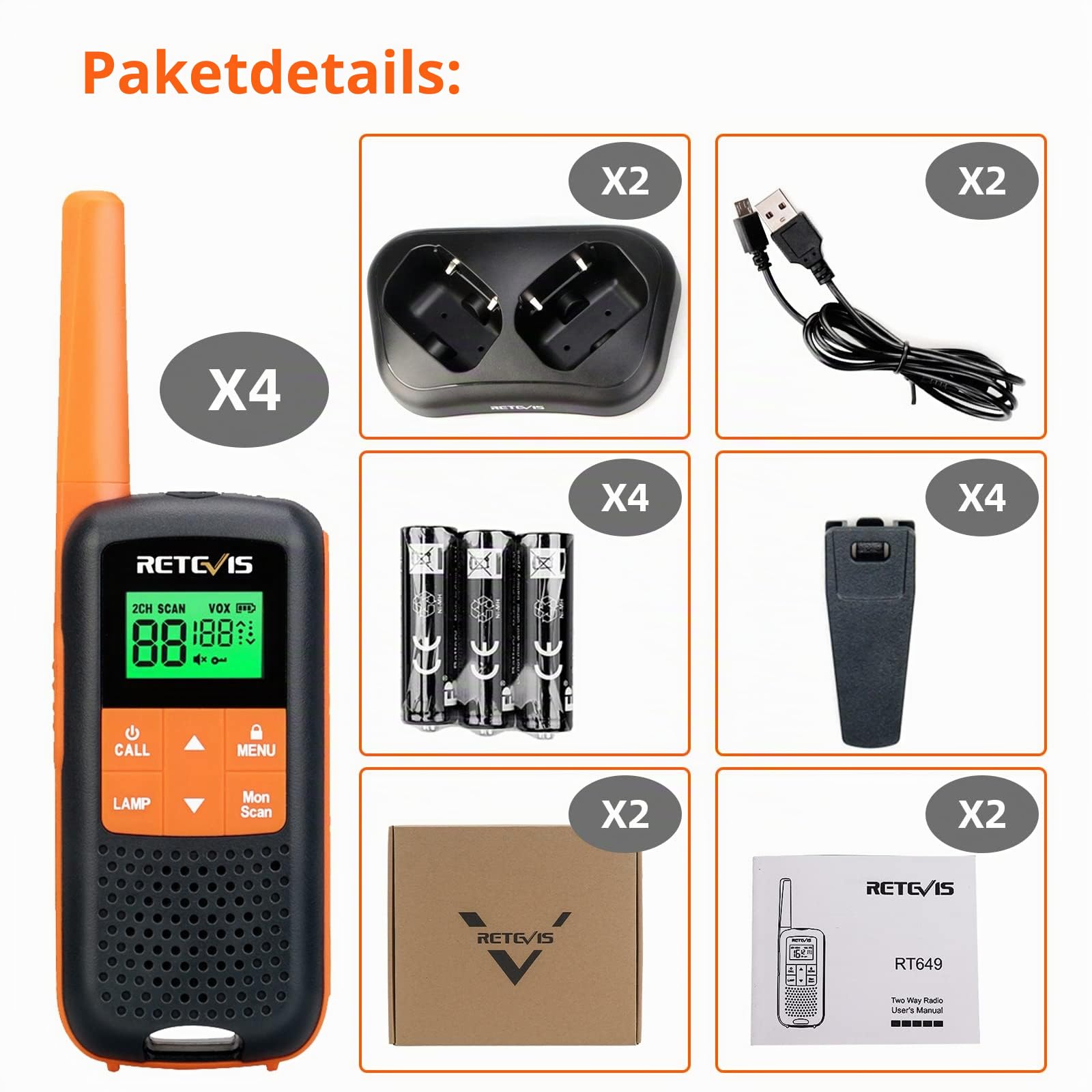 Retevis RT649 Walkie Talkie 4er Set, Aufladbar Funkgeräte IP65 Wasserdicht | PMR446 Lizenzfrei, USB 1200mAh Akku, 16 Kanäle VOX, LED Taschenlampe, Scan, Lange Reichweite Tragbares Funkgerät Set