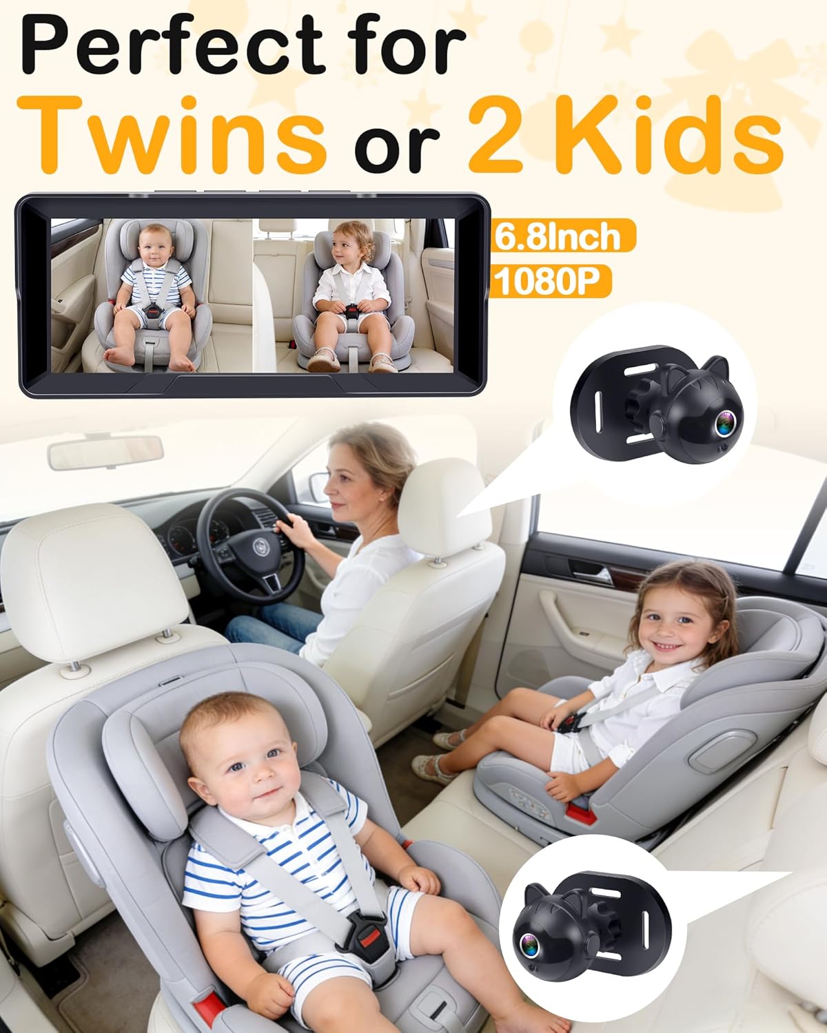 Dual Baby Car Camera: 6.8" 1080P Night Vision Monitor 2-Kids from Head to Toe at Once - USB Plug & Play Tool-Free Easy Setup for Two-Child Families on Daily Driving