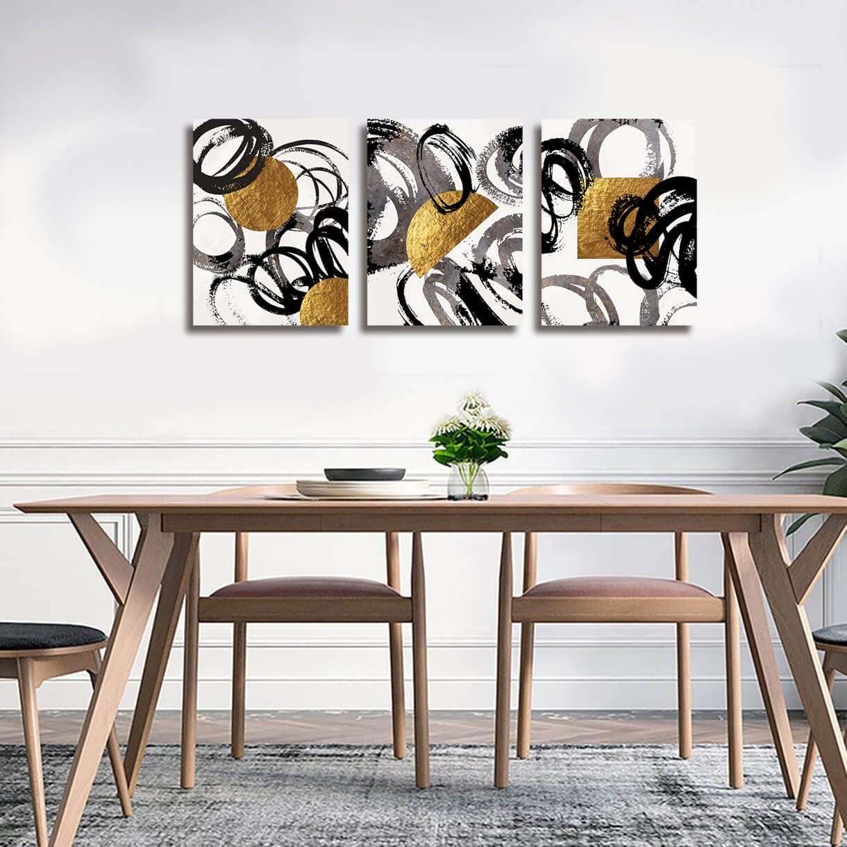 Gold Abstract Wall Art 3 Pieces Black and White Wall Art Canvas Painting Geometry Stroke Artwork Stretched Canvas Wooden Framed for Home Bedroom Office Bathroom Living Room Wall Decor 12"x16"x3