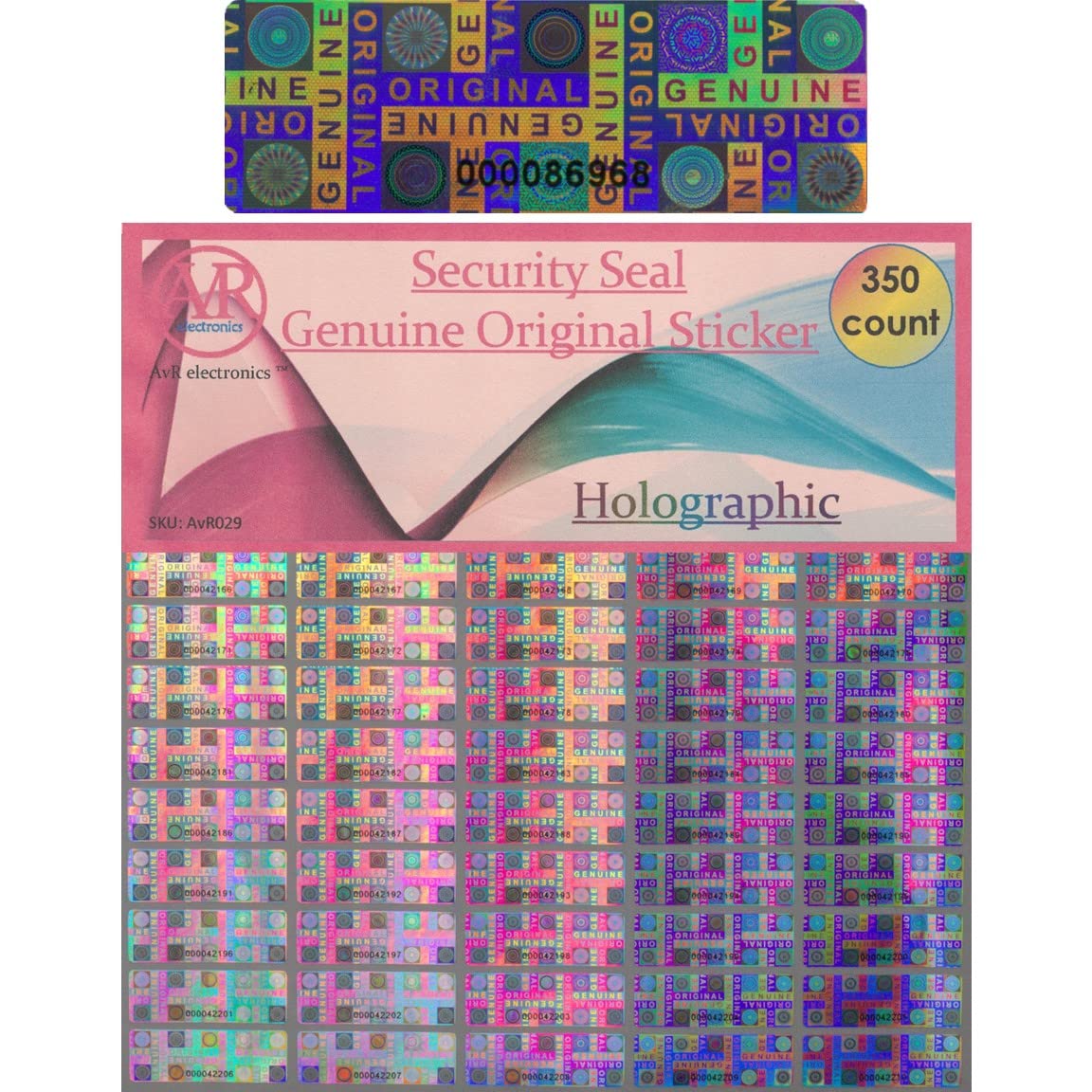 Genuine Original Hologram Tamper Proof Evident Hologram Security Sticker. Medium Size Stickers with Tamper Evident Security Seal Feature. Sequential Serial Numbers. Strong Adhesive. (350 Stickers)