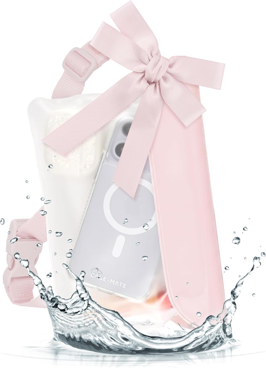 Case-Mate IP68 Waterproof Fanny Pack with Bow Design - Ballet Pink | Floating Waterproof Phone Case w/Triple Seal Protection, Adjustable Strap-Fits All Phones-Beach Cruise Ship Travel Essentials