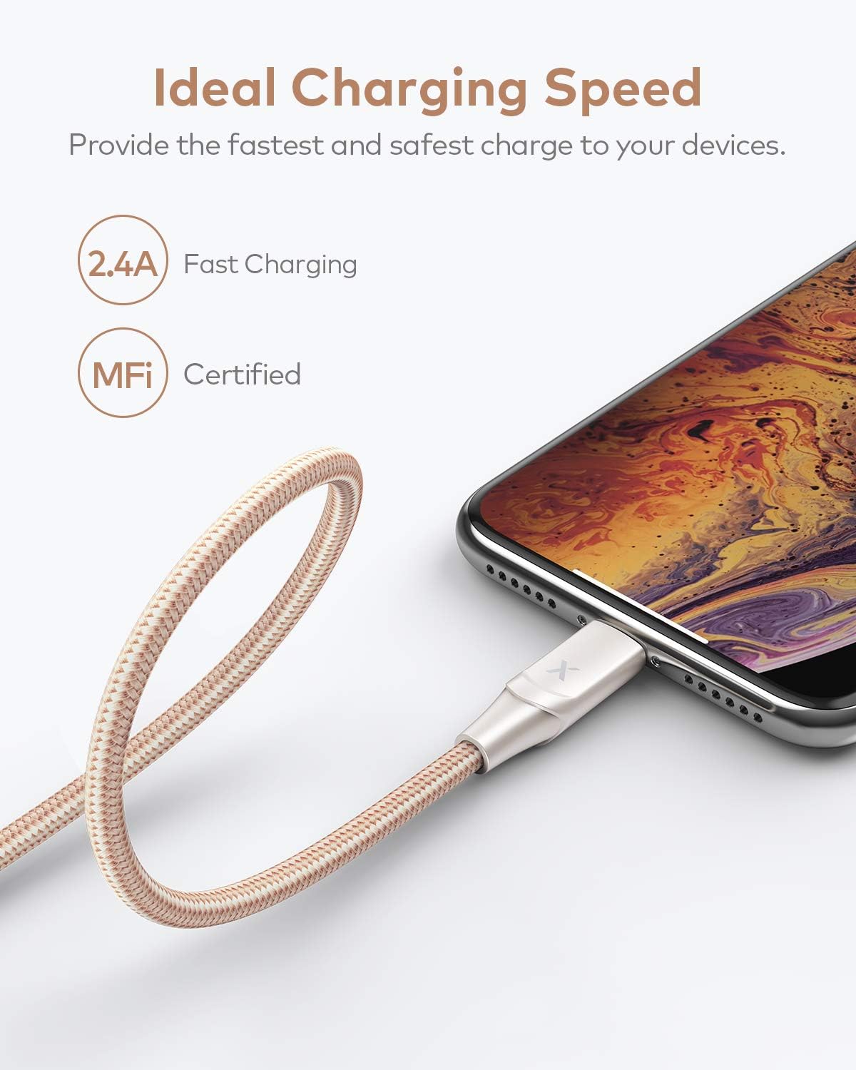 Xcentz iPhone Charger 6ft, MFi Certified Lightning Cable iPhone Charger Cable Metal Connector, Durable Braided Nylon High-Speed Charging Cord for iPhone 11/X/XS Ma/XR/8 Plus/7/6/5, iPad, Gold