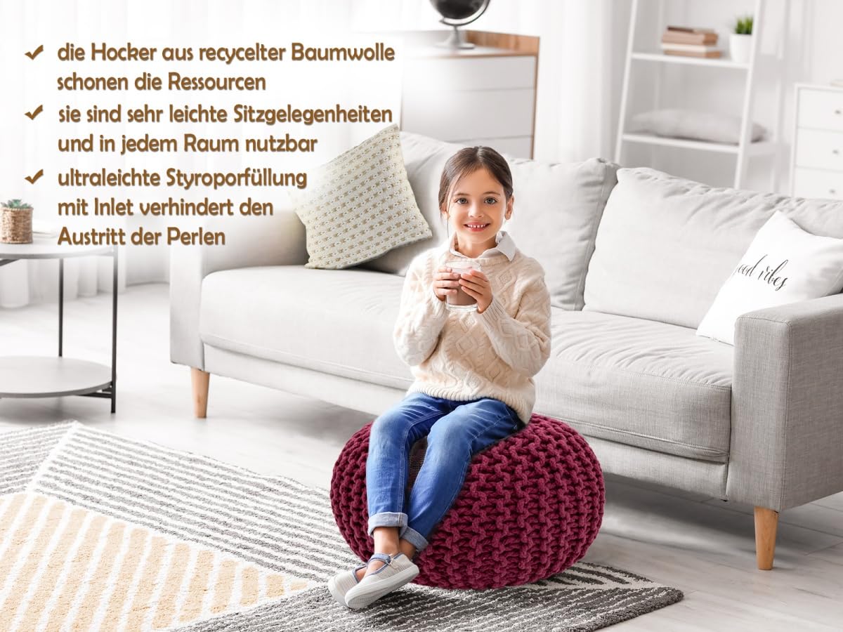 Sitzpouf Strickhocker Pouf Ø45 H30cm Bodenkissen Indoor Baumwolle nachhaltig recycelt Farbe Bordeaux
