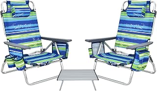 GIANTEX Sillas Plegables de Playa con Mesita Auxiliar, Respaldo Ajustable en 5 Niveles, Bolsillos Laterales y Reposacabezas, Sillas Portátiles para Camping, Pesca (Azul y Verde)