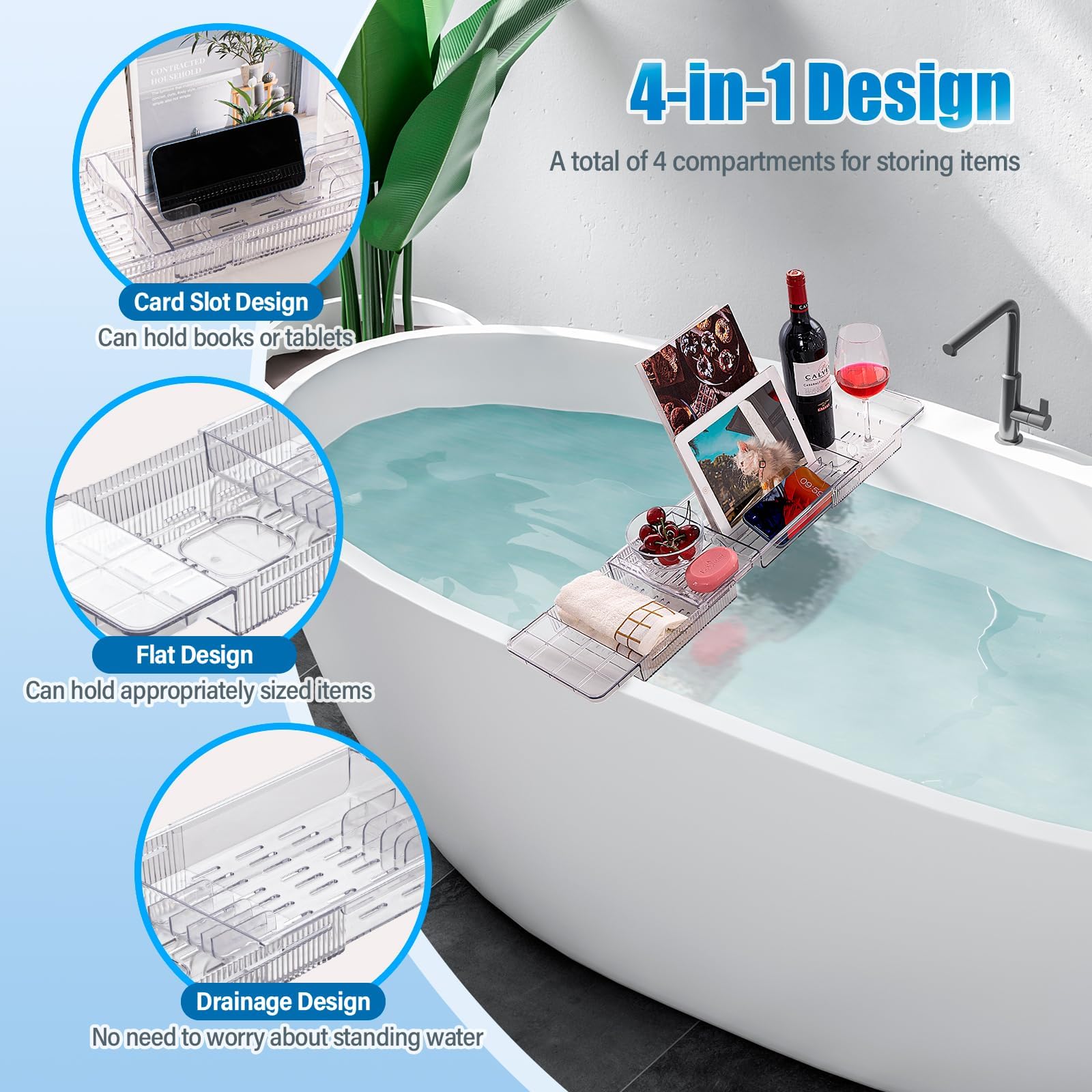 Bandeja para Bañera de Acrílico, Bandejas Bañera Jacuzzi para Bañera para Una Bandeja de Baño Retráctil para Bañera, Accesorio de Baño para Copas de Vino, Libros, Tabletas, iPad y Teléfono