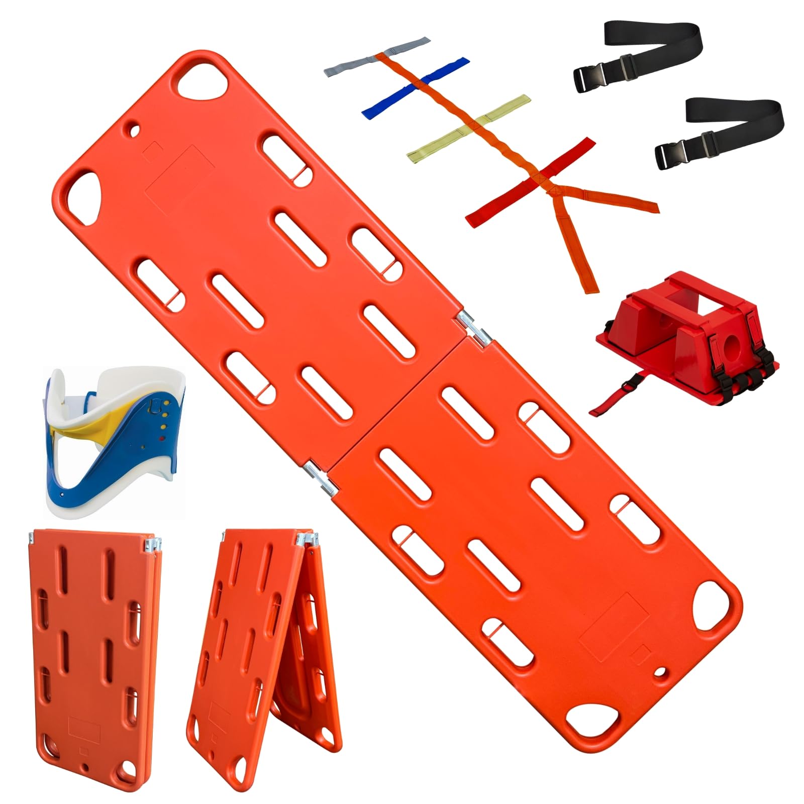 Notfall-Falttrage-Set mit Spineboard, Kopfstütze, Nackenstütze, Spinnengurten, orangefarbene, 2-Fach Faltbare, wasserschwimmende PE-Trage für Ersthelfer und Rettungsdienste (2-Fach faltbar)