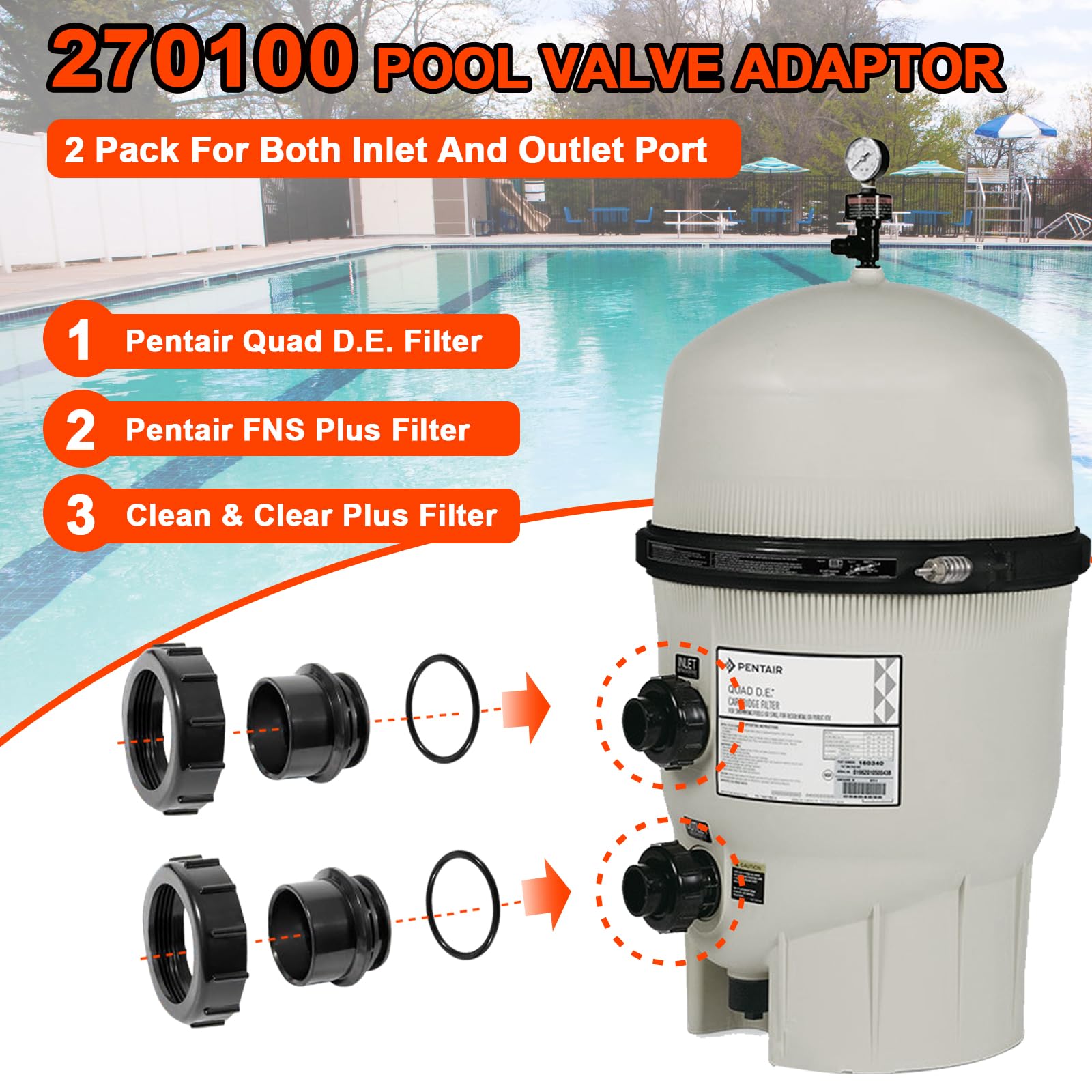 Kit de repuesto de adaptador de válvula negra 270100, paquete de 2 para quad, FNS Plus piscina, spa D.E. filtros, filtros de cartucho de spa, filtro Clean & Clear Plus