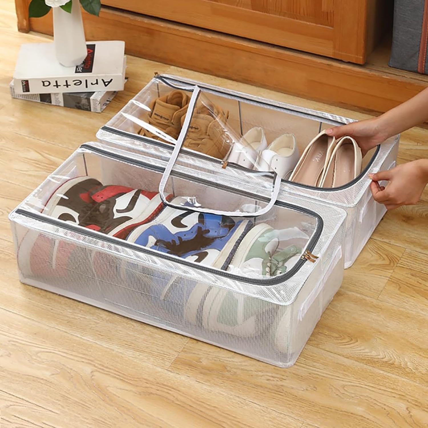 NIV Creation Clear & Stackable Under-Bed Storage Organizer – Space-Saving Clothes and Shoe Storage Bin with Zipper Closure, Durable Plastic Storage Solution for Home & Bedroom | Pack of 2