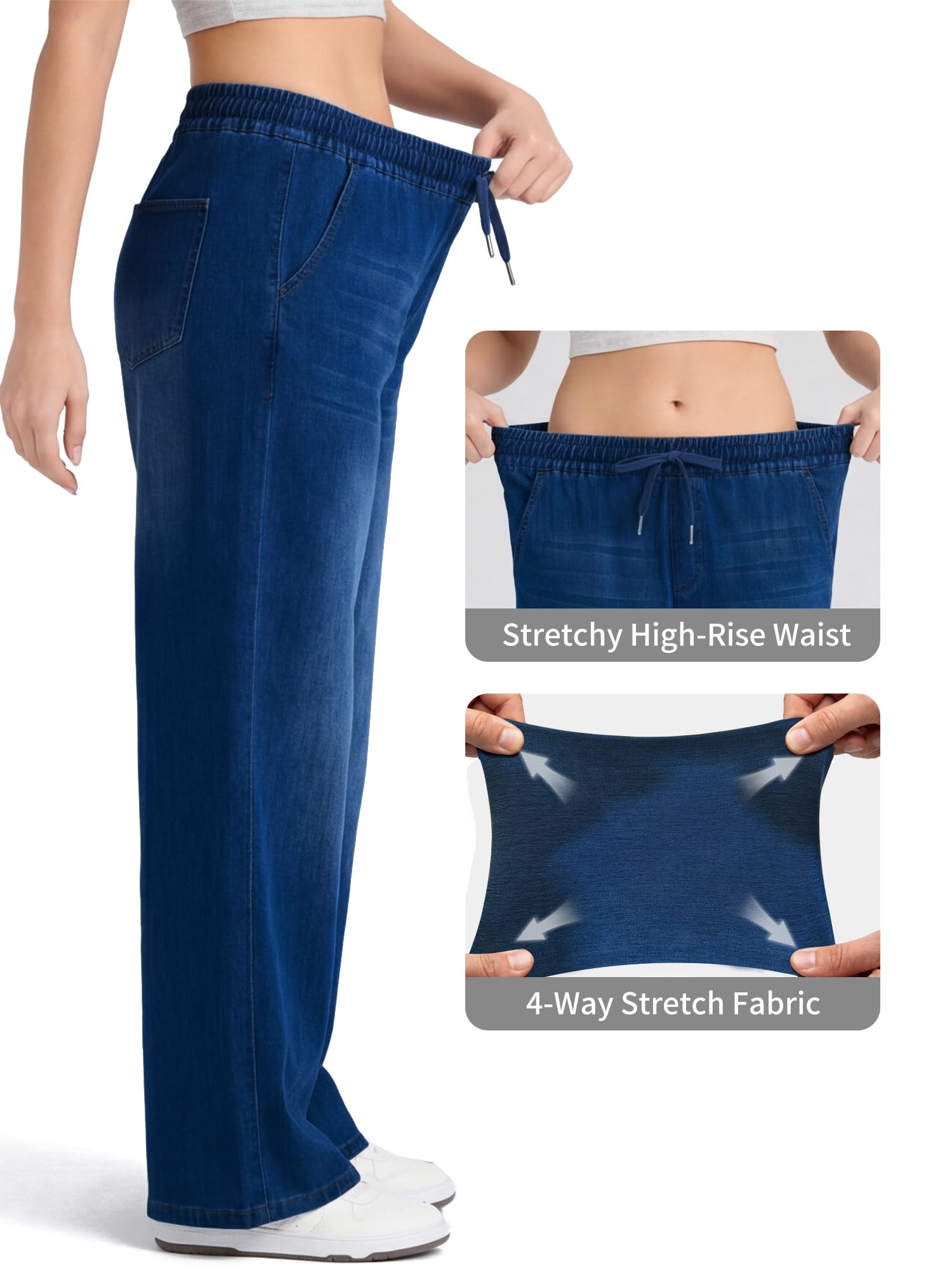 LaiEr Jeans Donna a Gamba Larga Alta Elasticità con Vita Regolabile con Coulisse.Palazzo Jeans da Donna Dritti in Denim Morbidi e Comodi,Ideali per Look Eleganti,Sport, Palestra,Tempo Libero e Yoga
