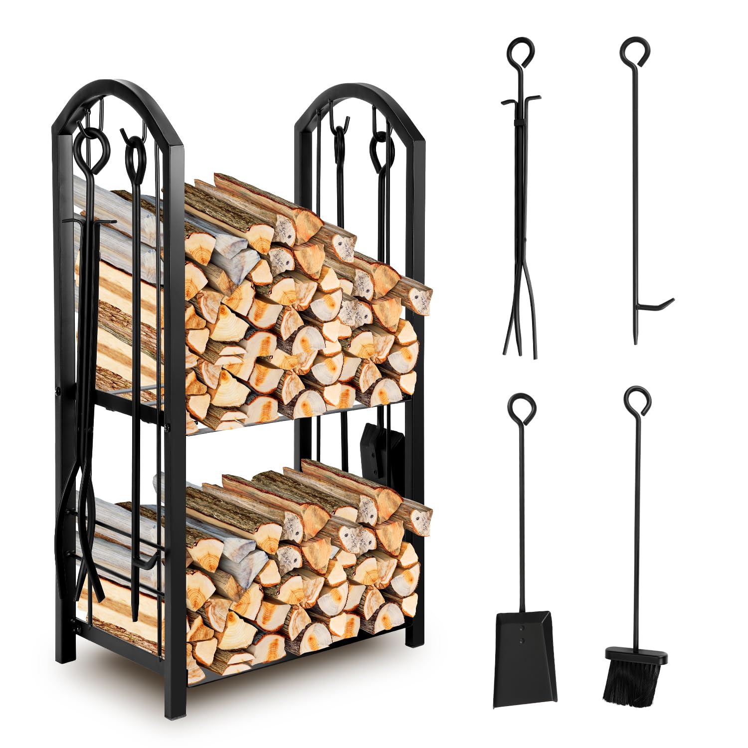 37x33x74cm Soporte de Madera de 2 Niveles Metálico Leñera Registro de Leña con 4 Herramientas Estantería para leña Soporte para Leña para Interiores y Exterior