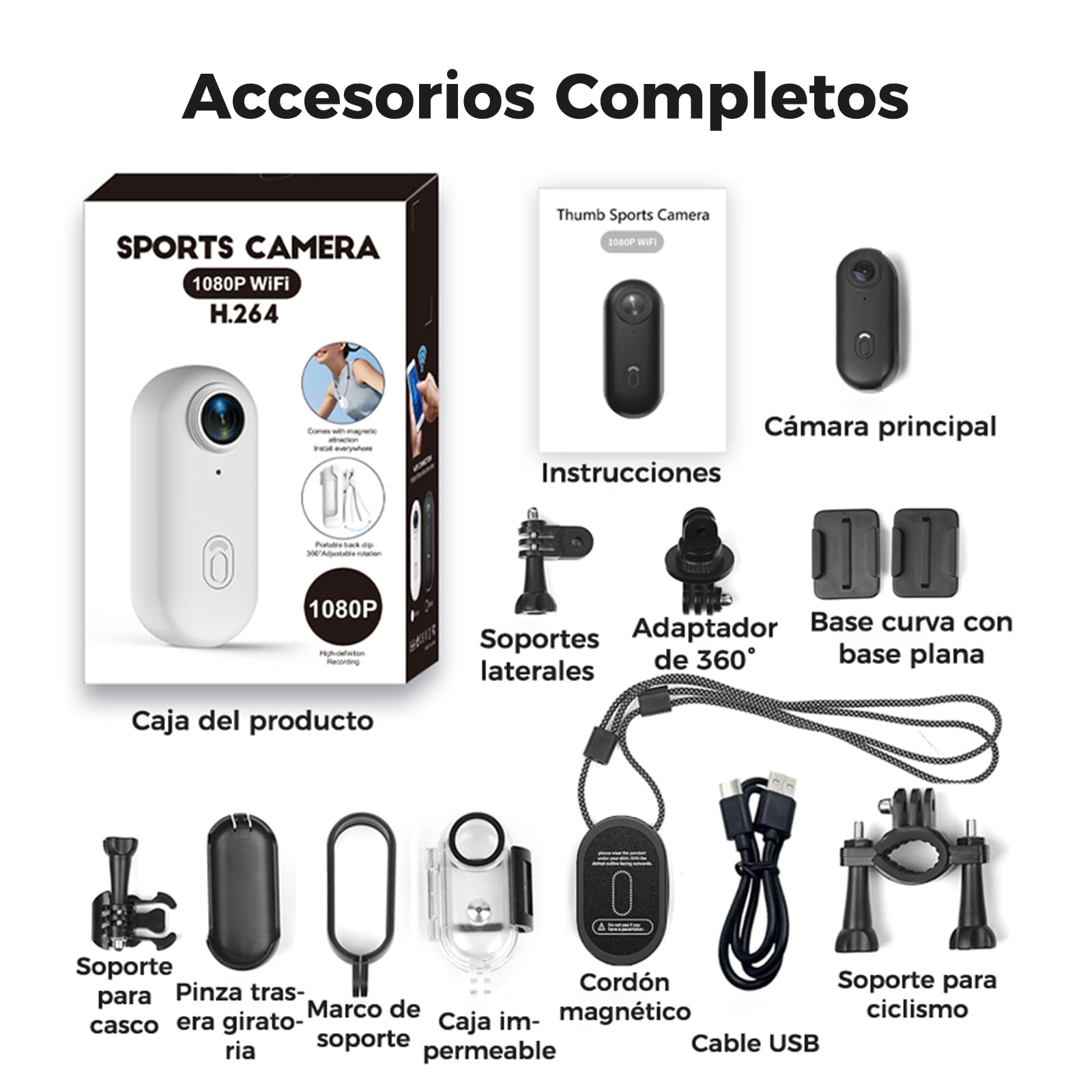 Zeerkeer - Mini Cámara de Acción con Lente Gran Angular de 120°, 1080p, Cámara Deportiva con Cordón Magnético, Clip de 360°, para Casco, Bicicleta, Motocicleta, Deporte al Aire Libre