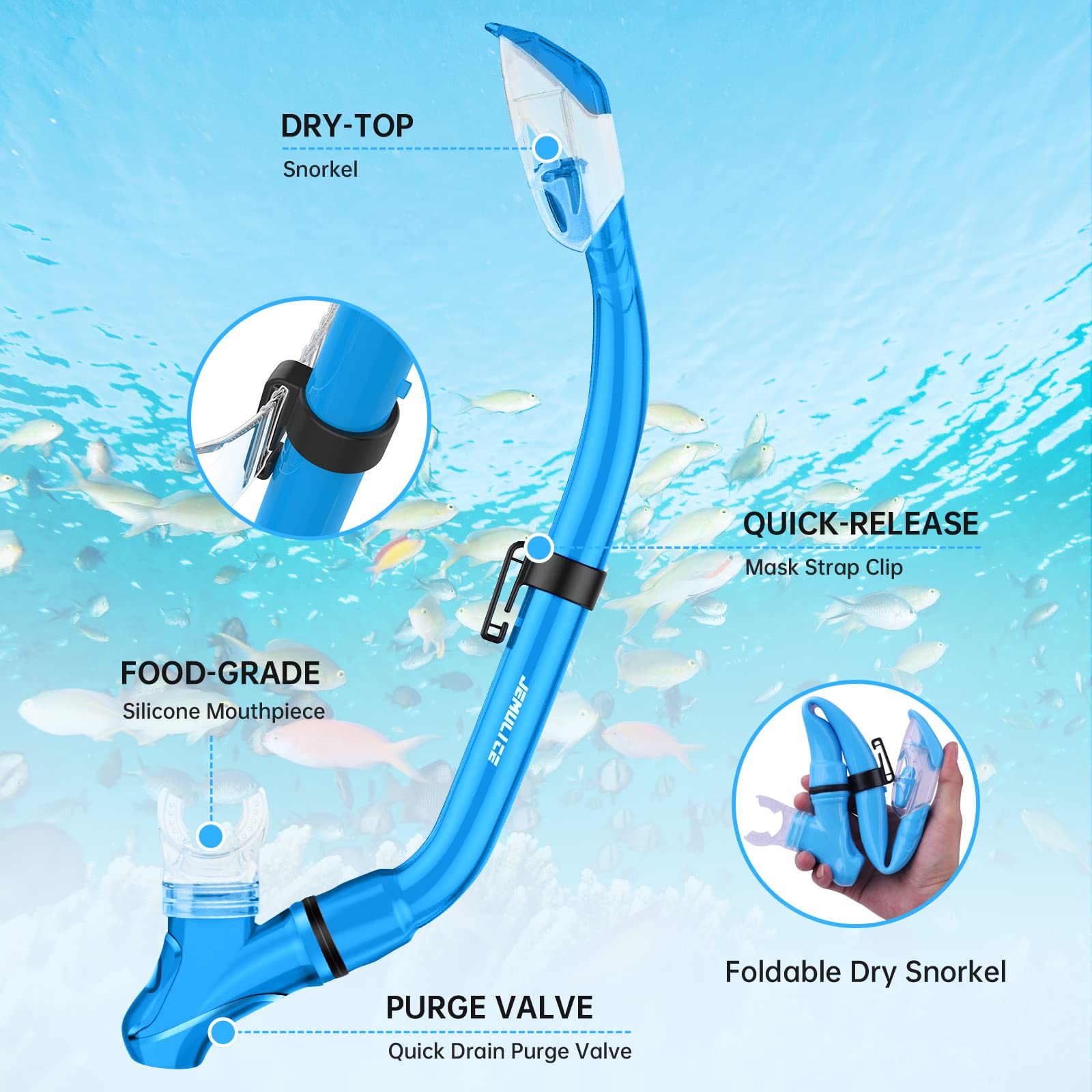 JEMULICE Maschera Subacquea Bambini, Set da Snorkeling per Bambini con Tubi a Secco e Occhiali da Snorkeling Anti-Fog Panoramica a 180 Gradi, Snorkel Set, Maschera Snorkeling per Bambino e Adolescenti