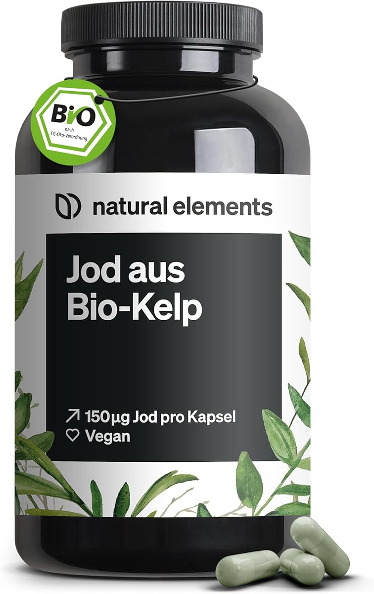 natural elements Jod aus Bio-Kelp – 365 Kapseln – 150µg Jod aus Braunalgen – Bio-Qualität für die Schilddrüse – vegan, hochdosiert, ohne unnötige Zusätze – in Deutschland produziert & laborgeprüft