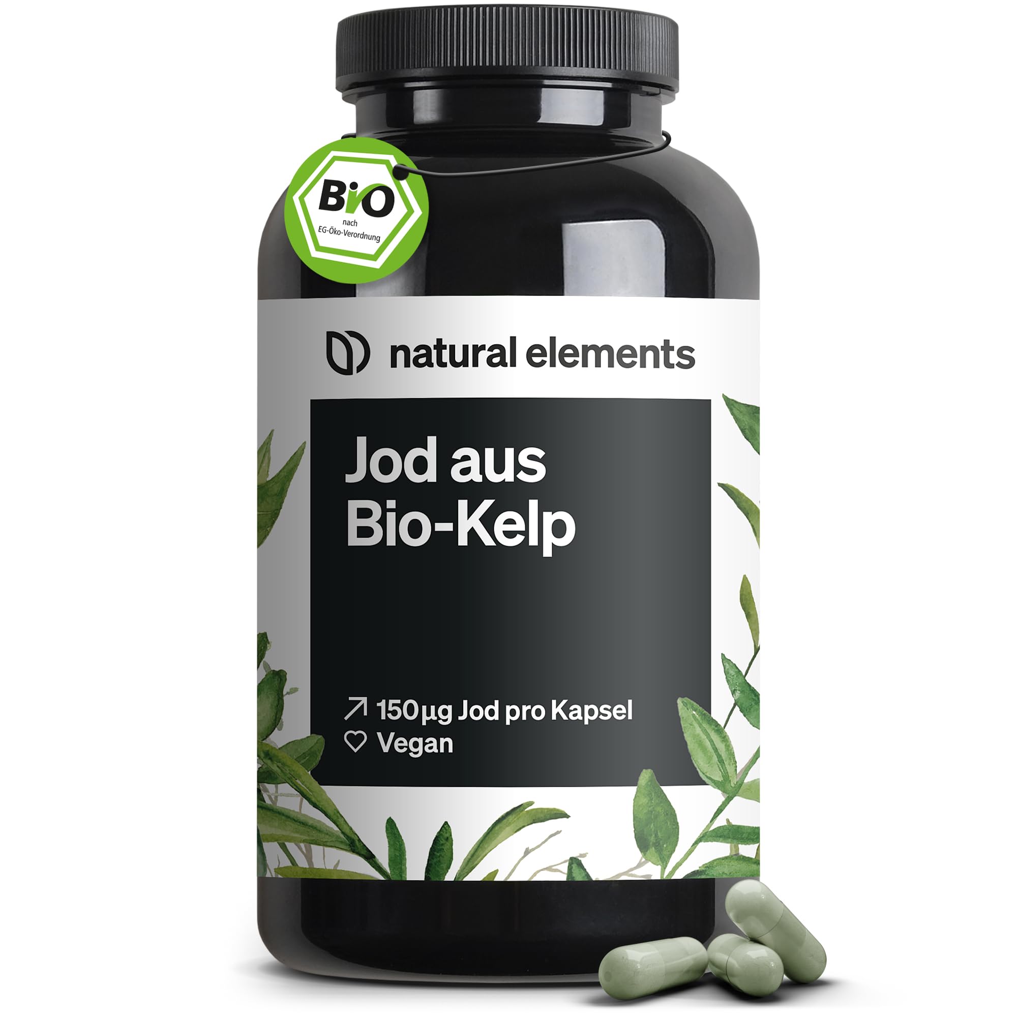 natural elements Jod aus Bio-Kelp – 365 Kapseln – 150µg Jod aus Braunalgen – Bio-Qualität für die Schilddrüse – vegan, hochdosiert, ohne unnötige Zusätze – in Deutschland produziert & laborgeprüft