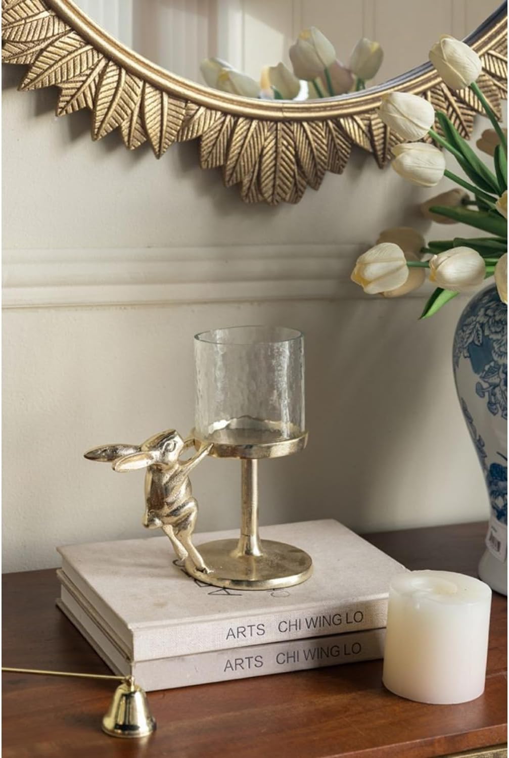 Set of 2 Gold Rabbit Pillar Candle Holder with Clear Glass Hurricane Shade - Gold, Clear - Rich Metallic Gold Finish - Holiday Décor