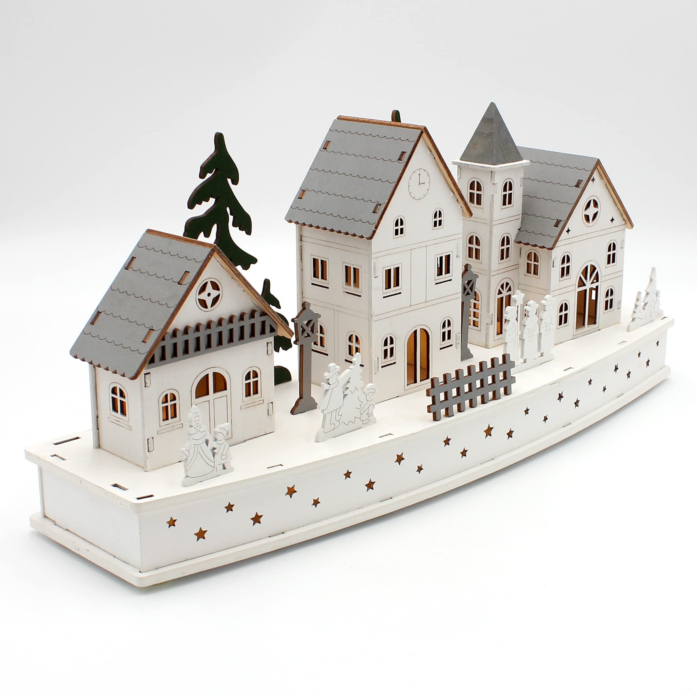 Dekohelden24 Winterszene aus Holz mit LED, Weiß mit Grau und Grün, Größe L/B/H 12 x 44 x 19 cm