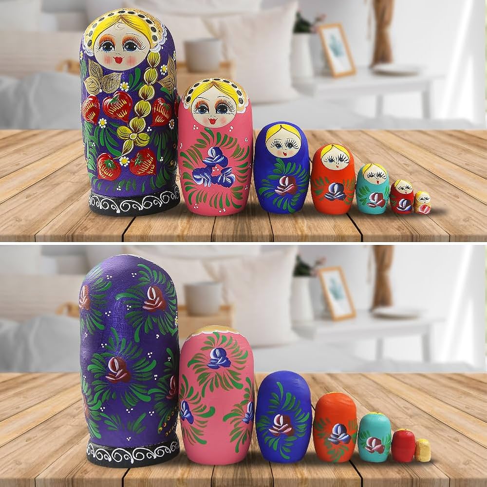 Lot De 7 Poupées Russes En Bois Colorées à Longues Tresses - Matriochka Traditionnelle Pour Fille Et Décoration