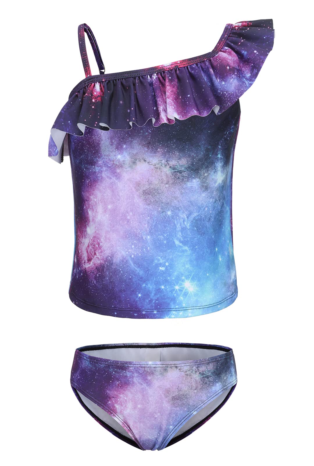 Girls Two Piece Tankini Swimsuits Tie Dye Bathing Suit for Kids One Shoulder Swimwear 3-16 Years