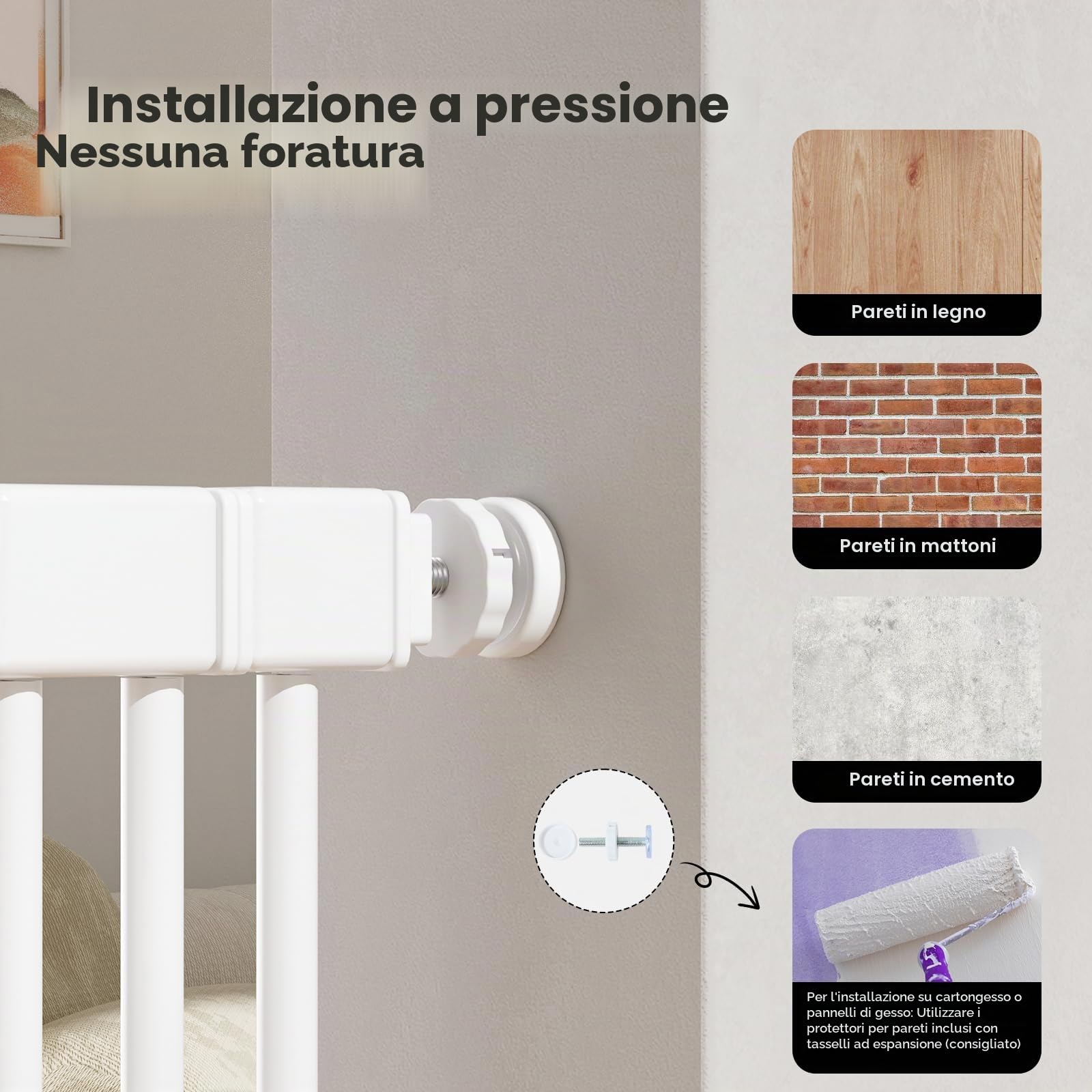 Gardner Pet Cancello per Gatti Extra Alto 130-221 cm, Bianco | Largo regolabile 70-94 cm, Senza Foratura, Montaggio a Pressione, per Scale, Porte, Monolocali, Cucina
